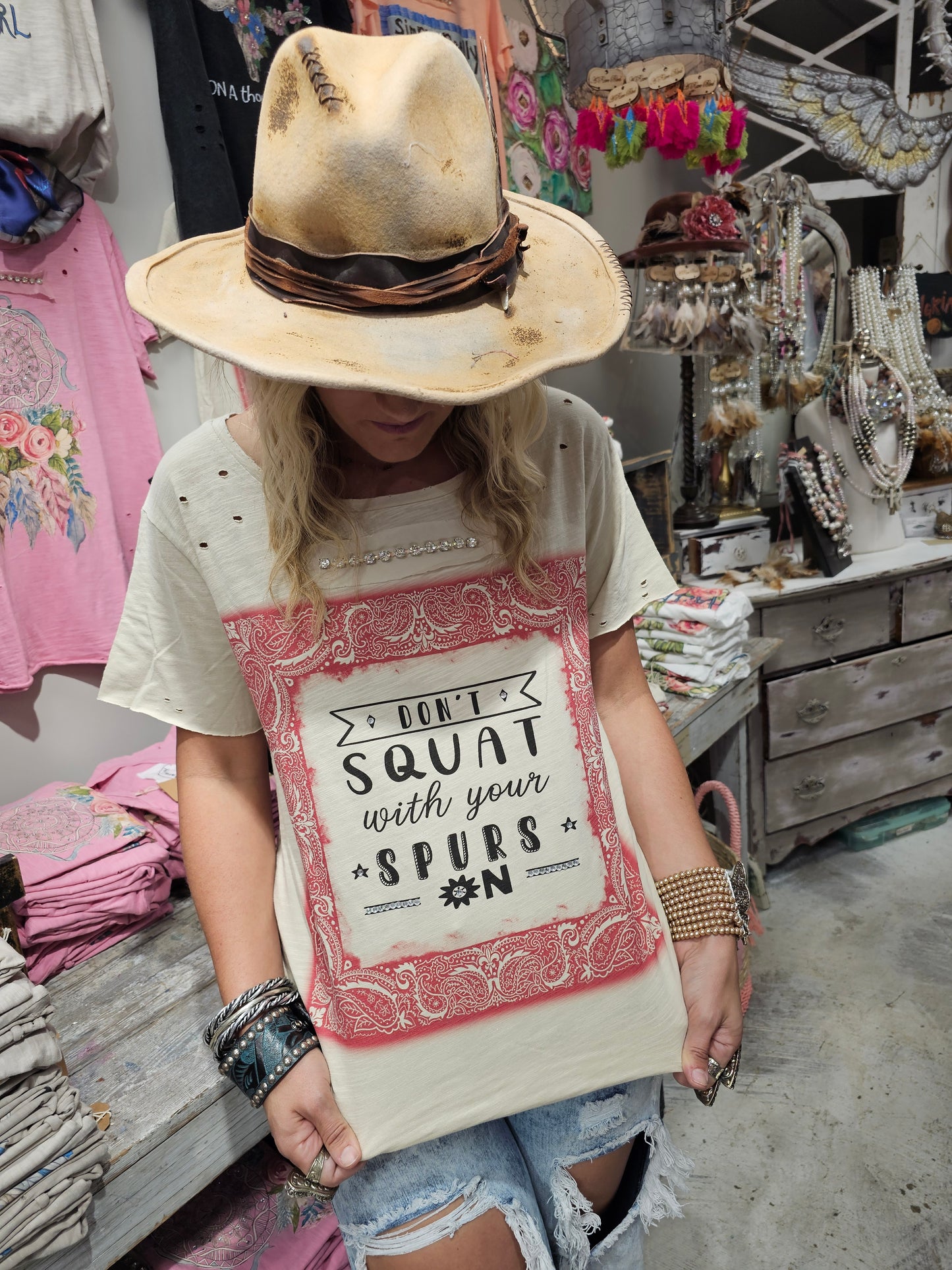 Don't Squat With Your Spurs Tattered Tee