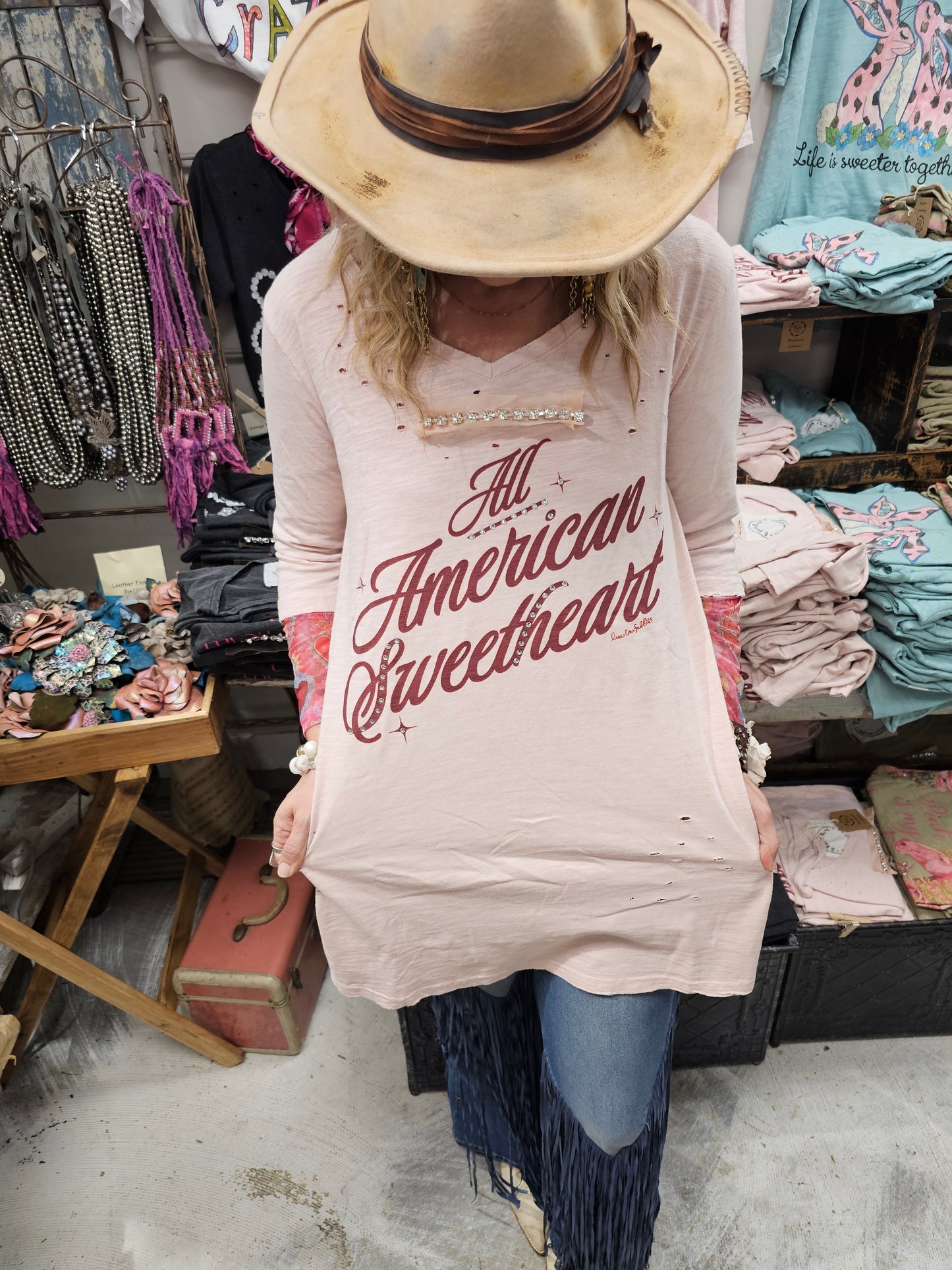 All American Sweetheart Tattered Tee 3/4 Sleeve