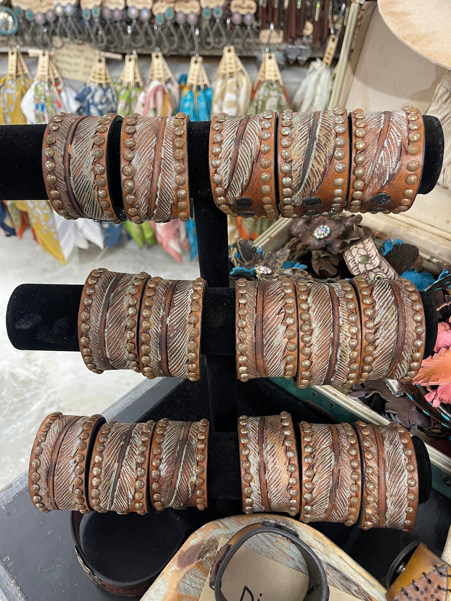 Double Snap Feather Stud Tooled Cuff
