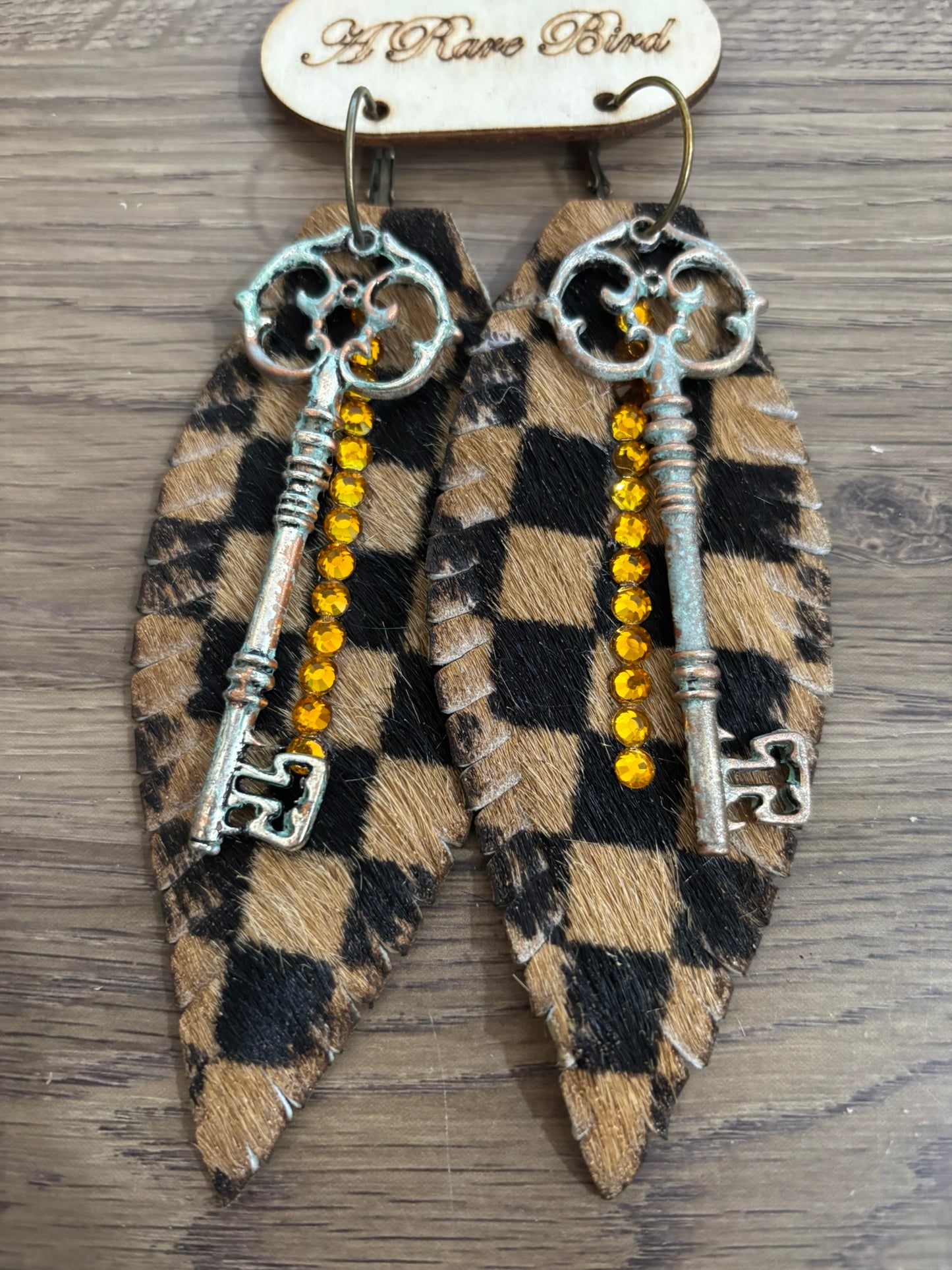 Checks and Keys Leather Feather Earrings