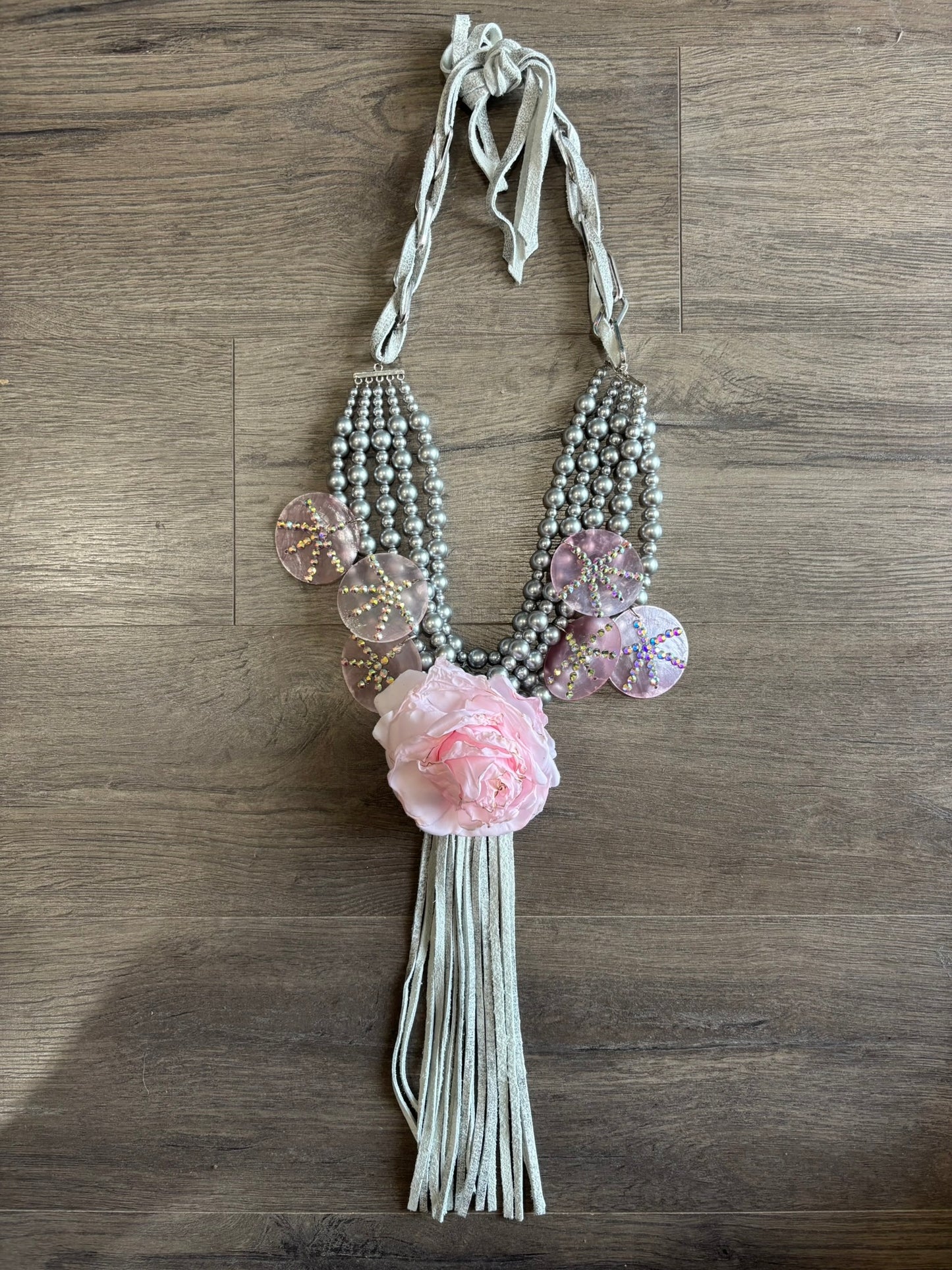 5 Strand Pink Silver Rose Necklace