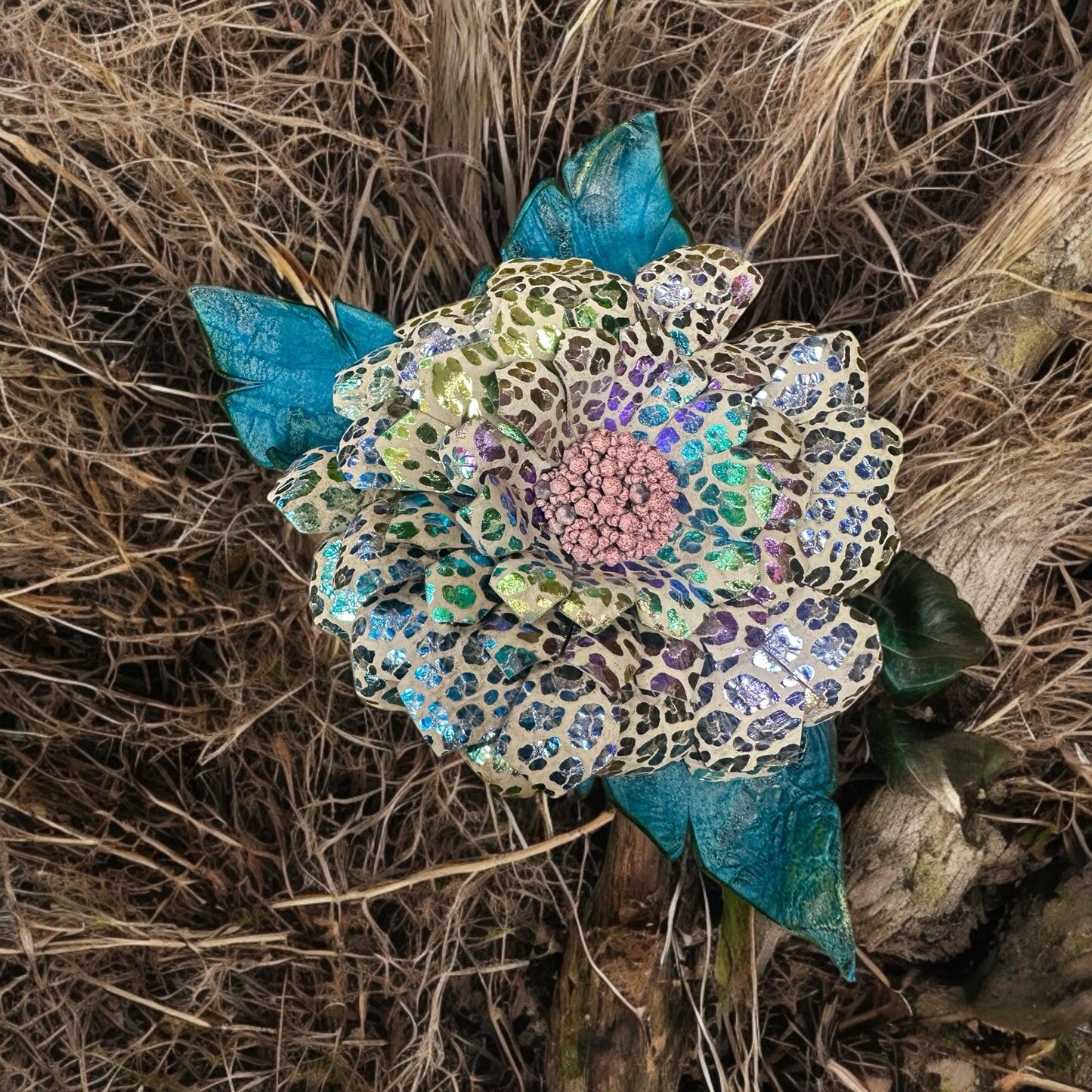 Hand made Multi Shimmer Leather Flower Pin