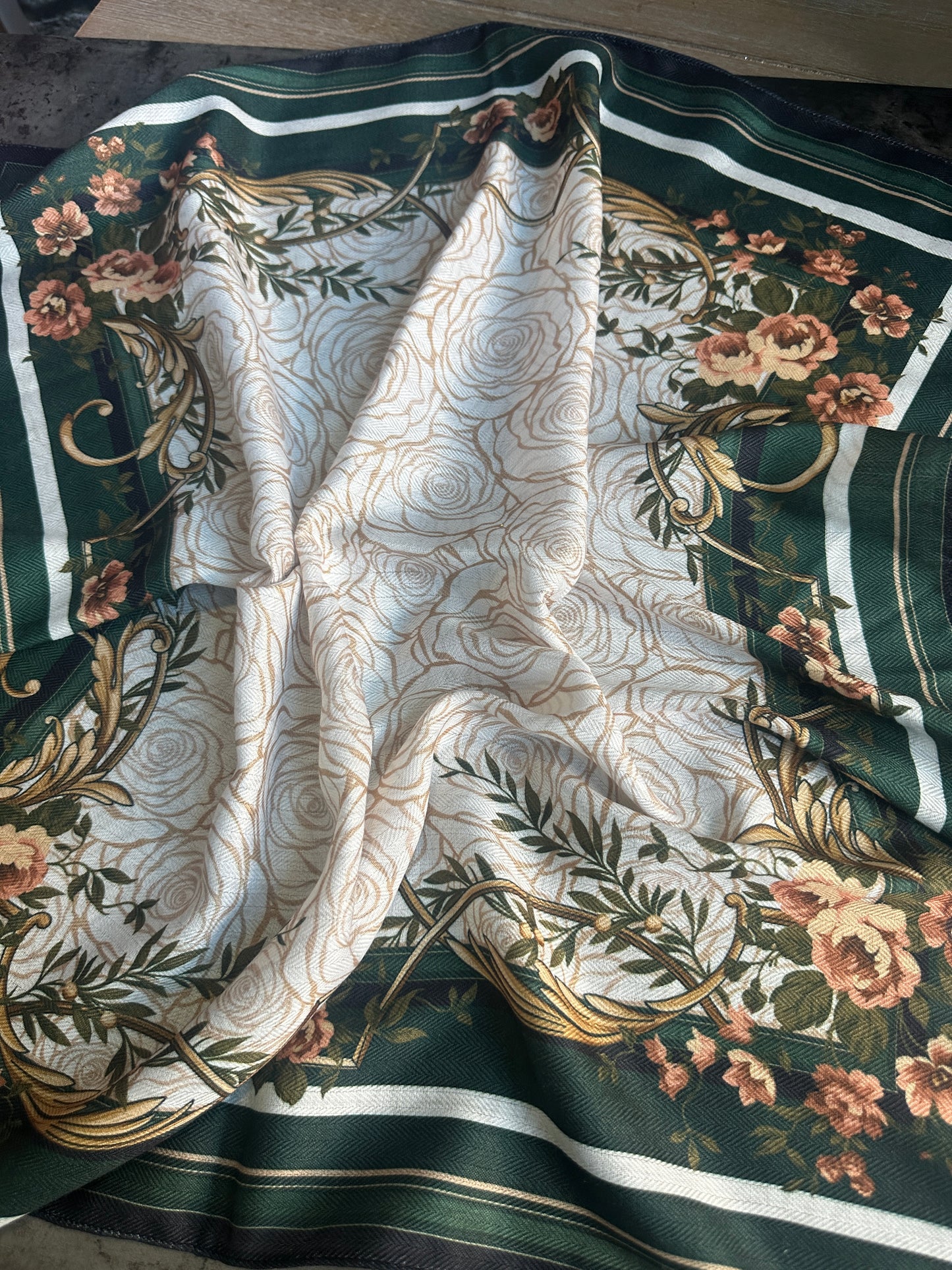 Hunter Green and White Roses Silk Velvet Wild Rag
