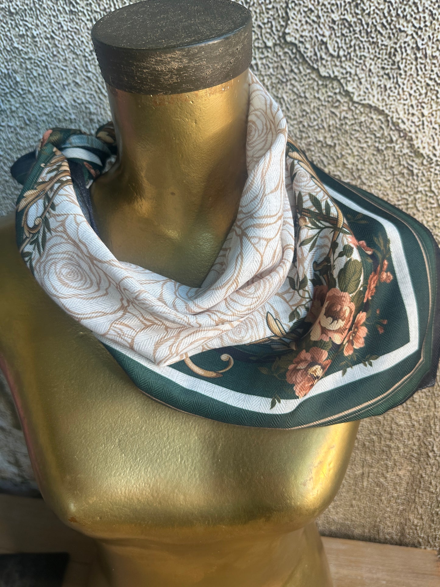 Hunter Green and White Roses Silk Velvet Wild Rag