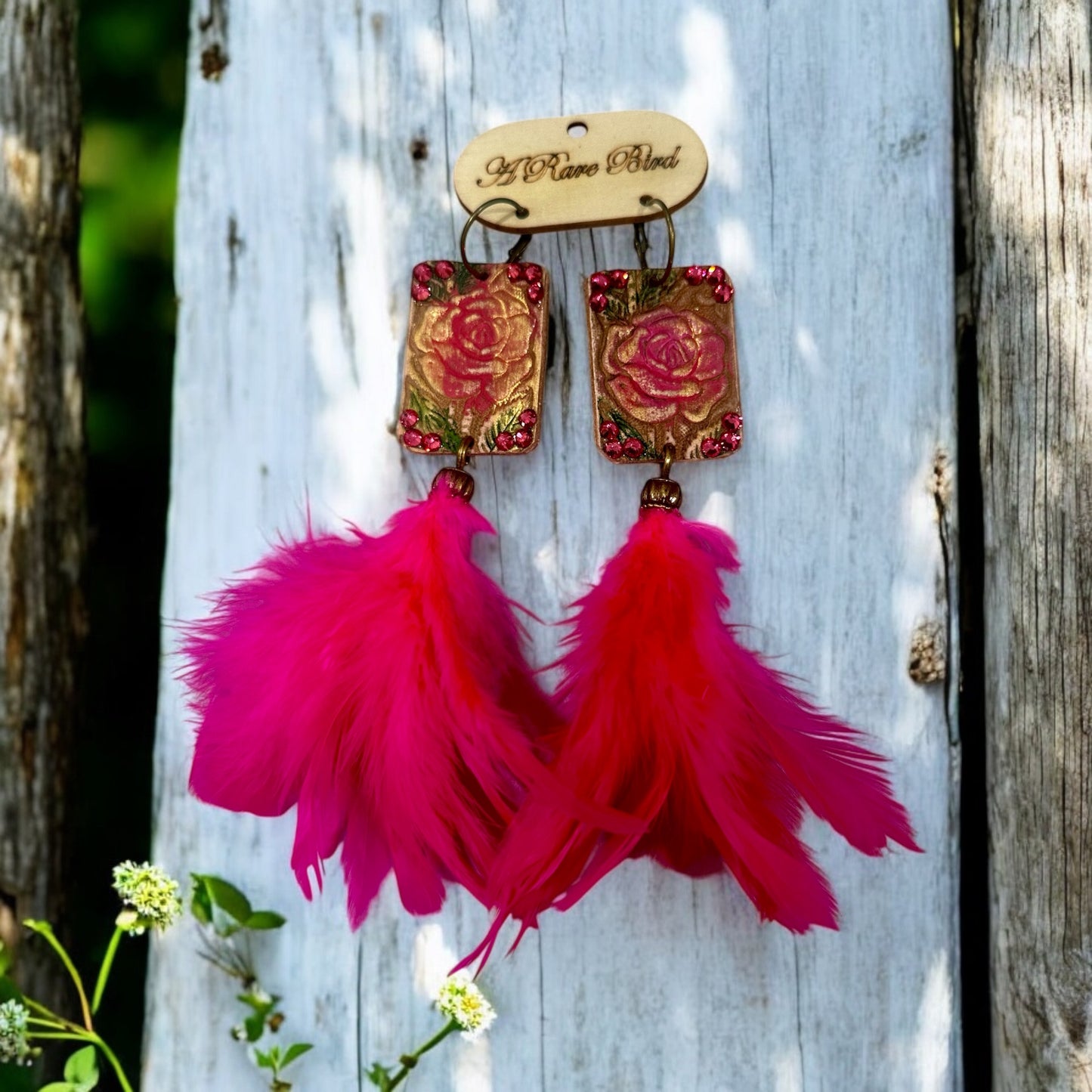 Magenta Feather Tooled Earrings
