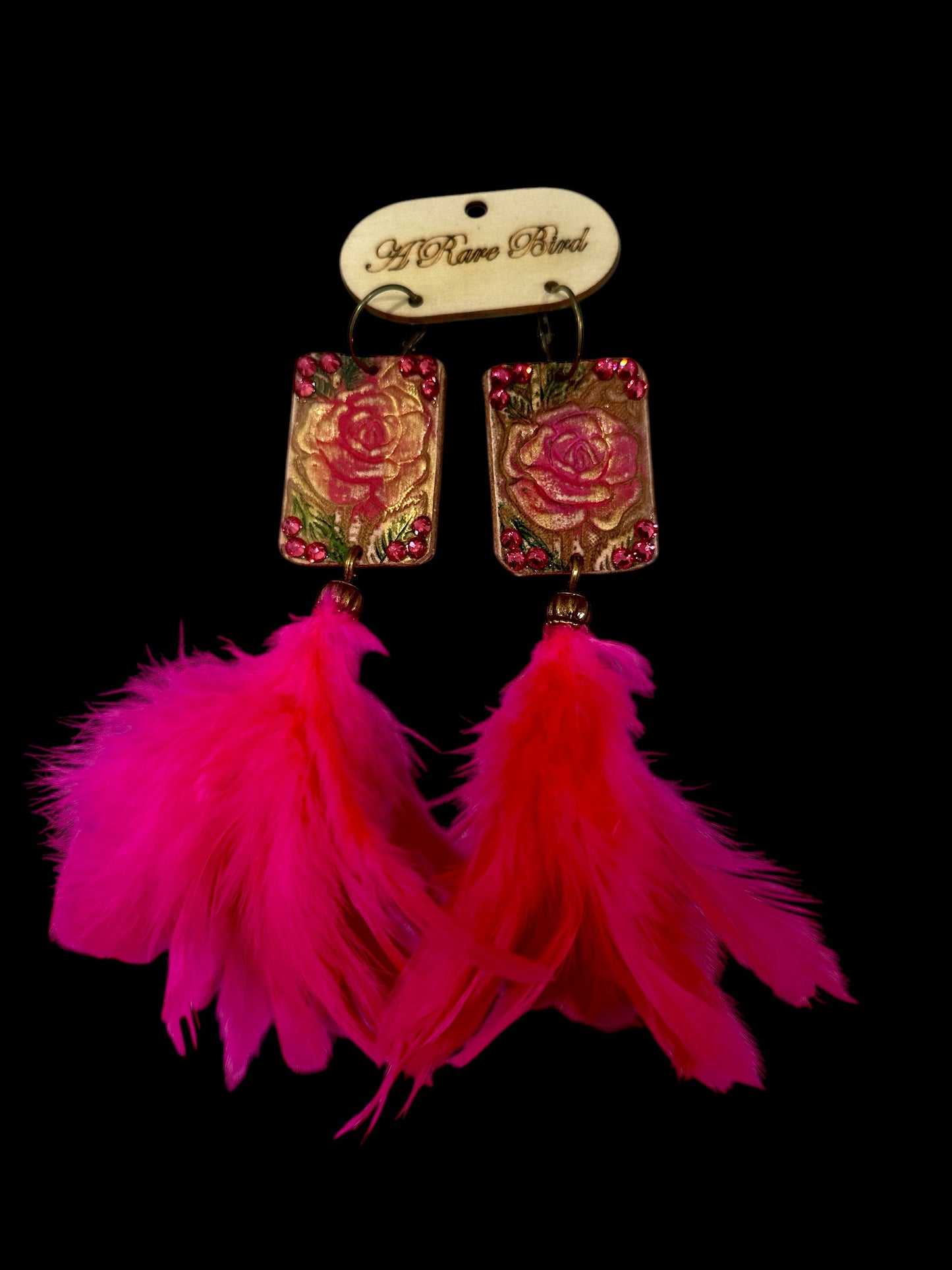Magenta Feather Tooled Earrings