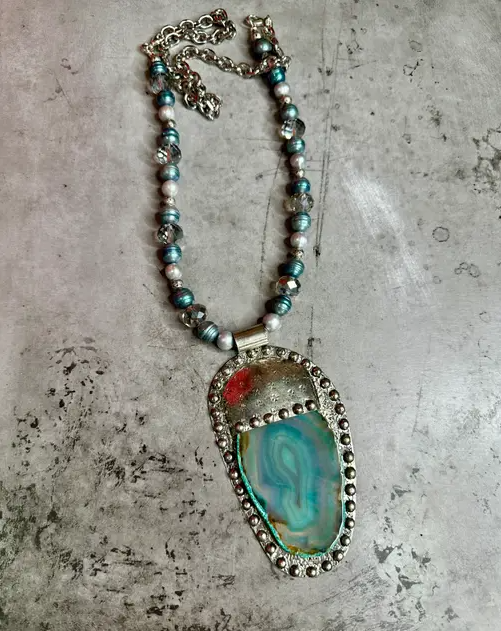 Blue Agate Crystal Pearl Necklace