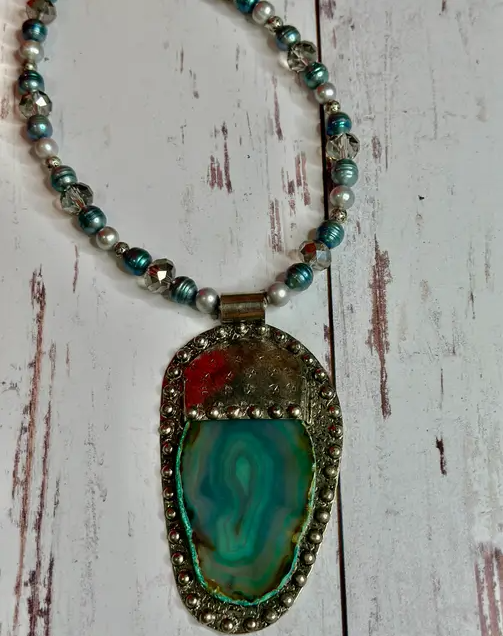 Blue Agate Crystal Pearl Necklace