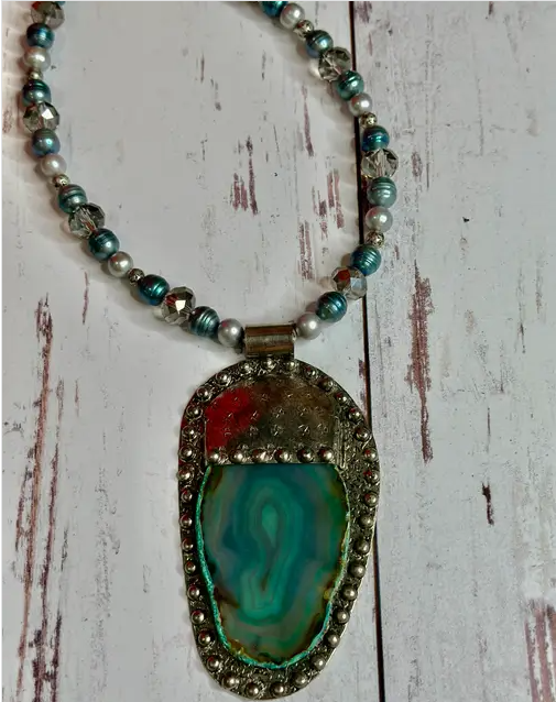 Blue Agate Crystal Pearl Necklace