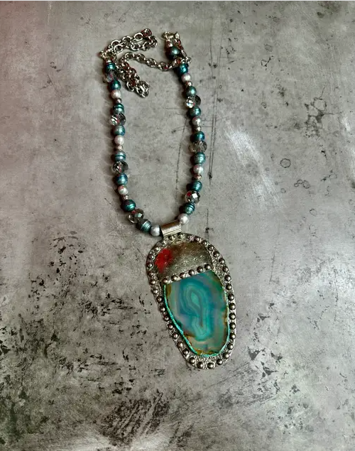 Blue Agate Crystal Pearl Necklace