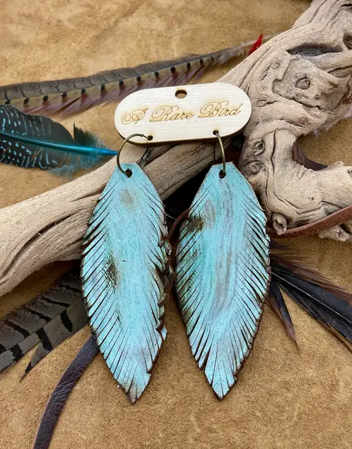 Hand-cut Patina Leather Feather Earrings