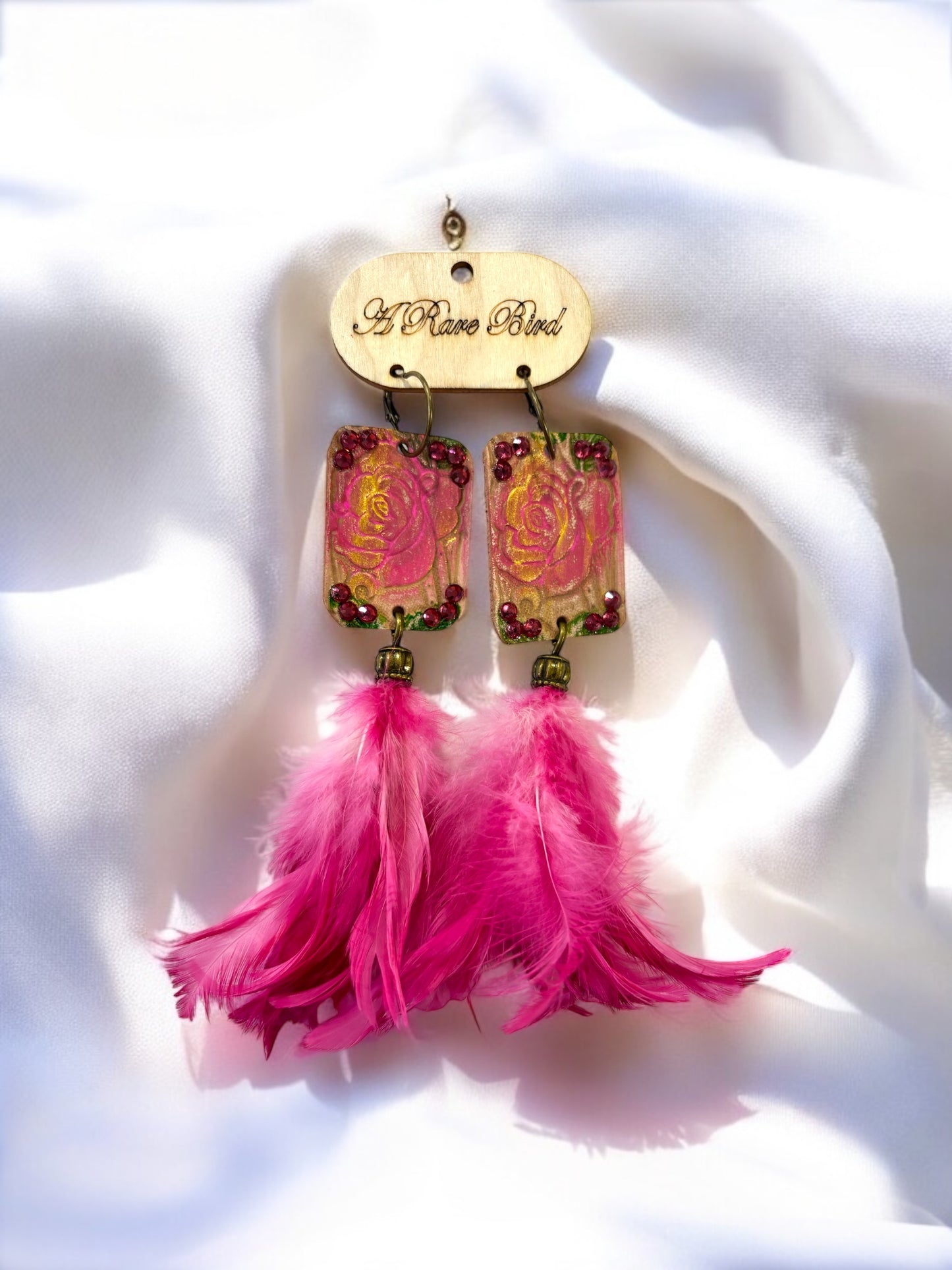 Magenta Feather Tooled Earrings