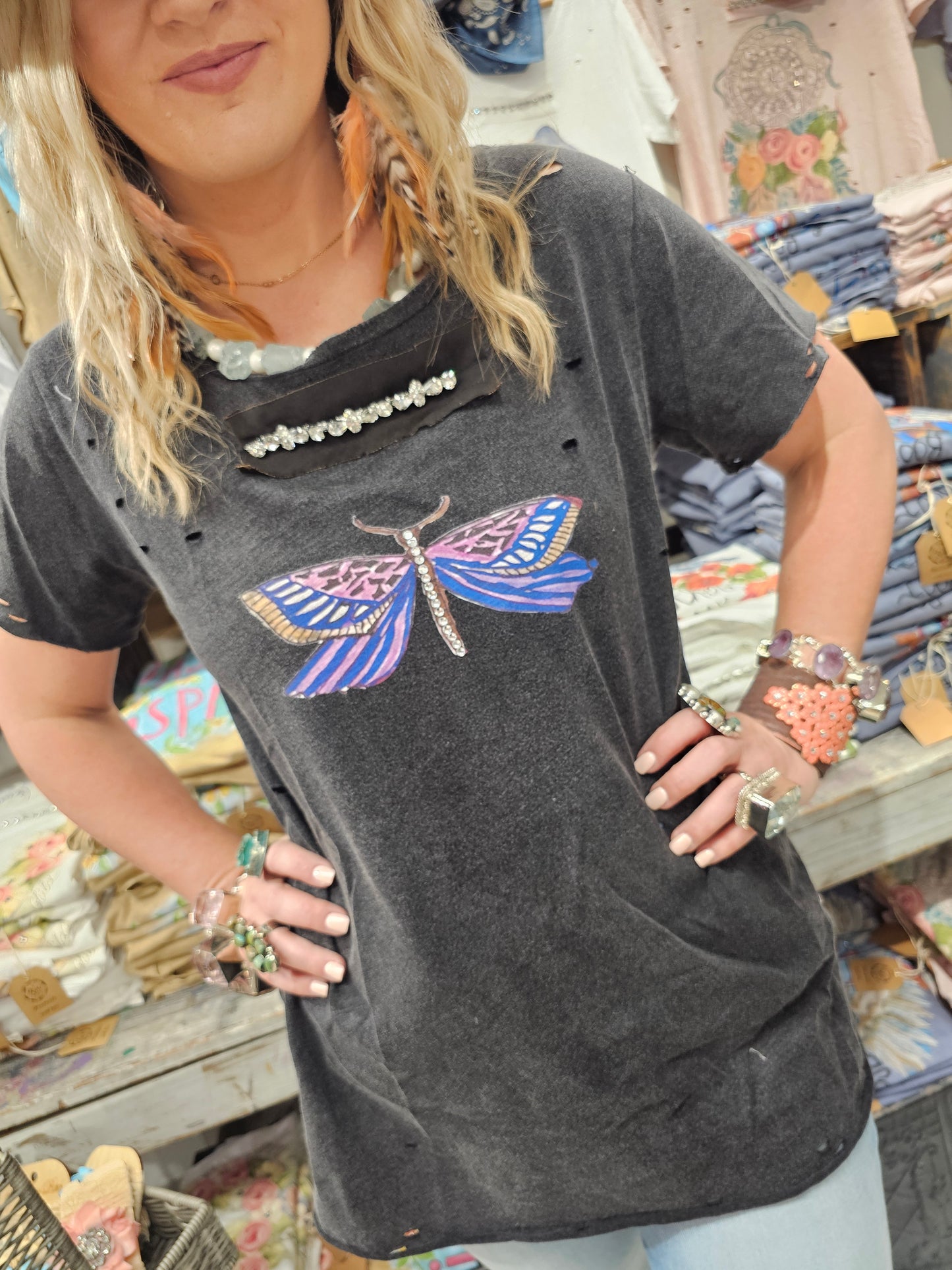 Dragonflies and Butterflies Tattered Shirt 3/4 Sleeve