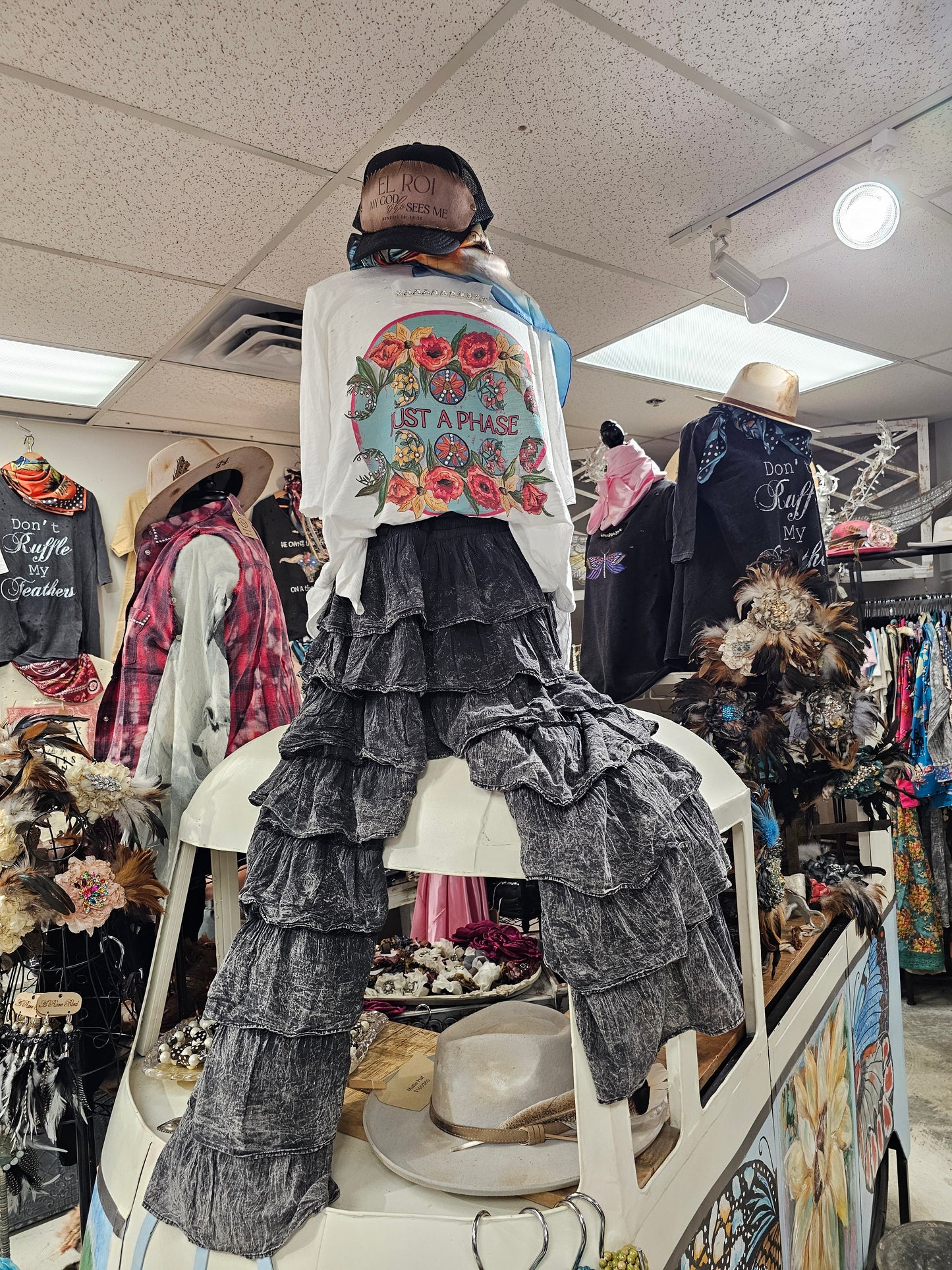 Distressed Black Cotton Ruffle Pant