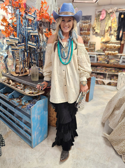 Smocked Distressed Embroidered Shirt