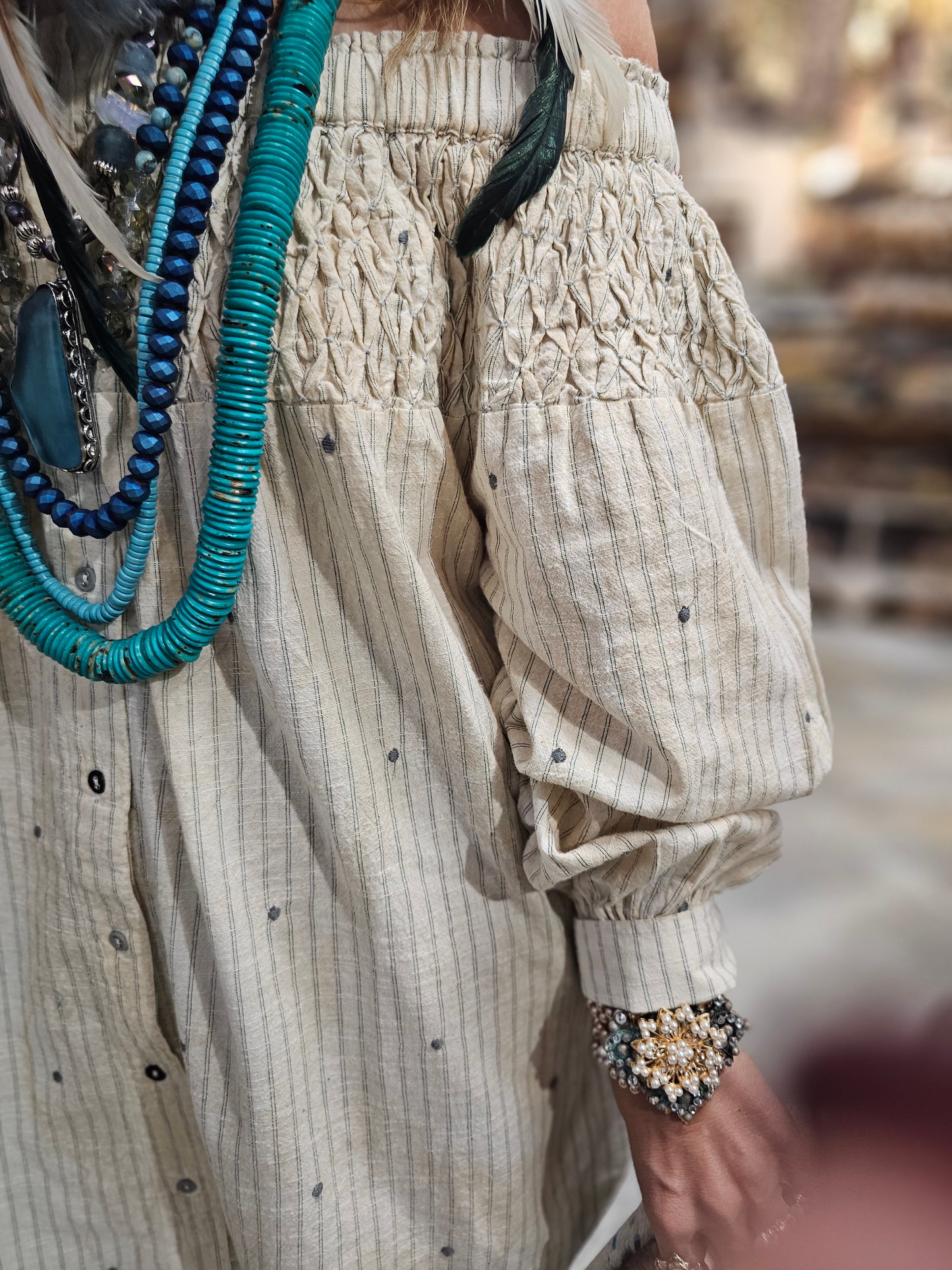 Smocked Distressed Embroidered Shirt