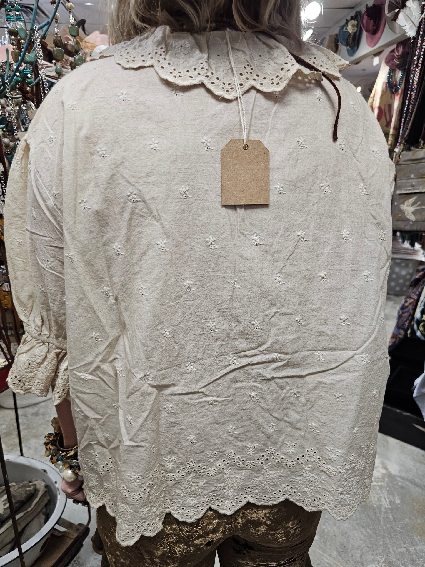Eyelet Linen Cream Top