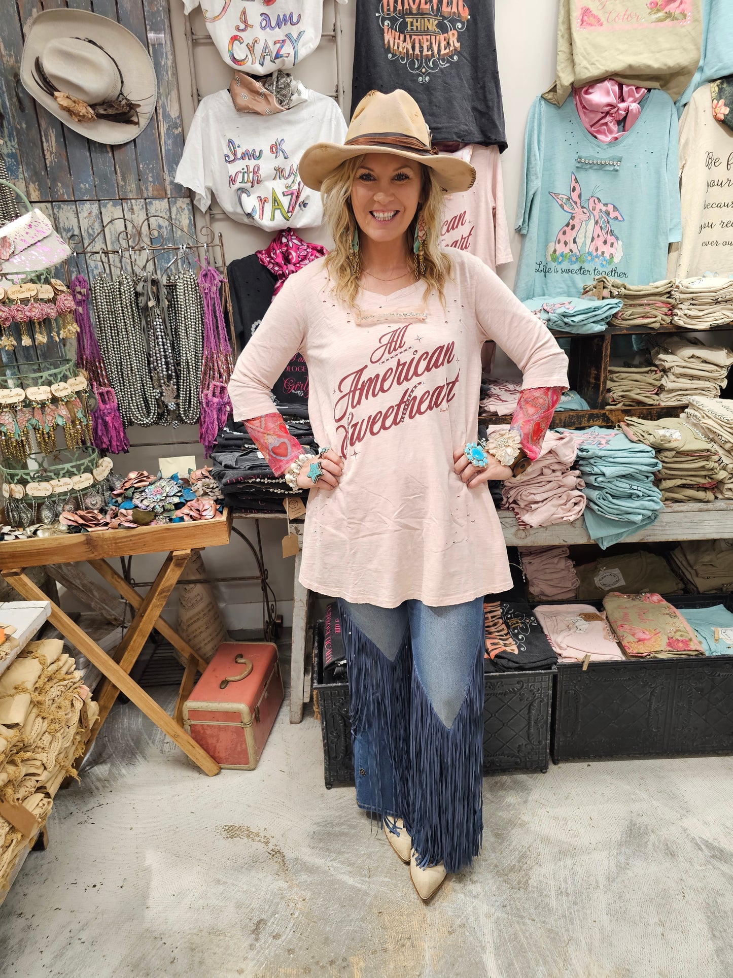 All American Sweetheart Tattered Tee 3/4 Sleeve
