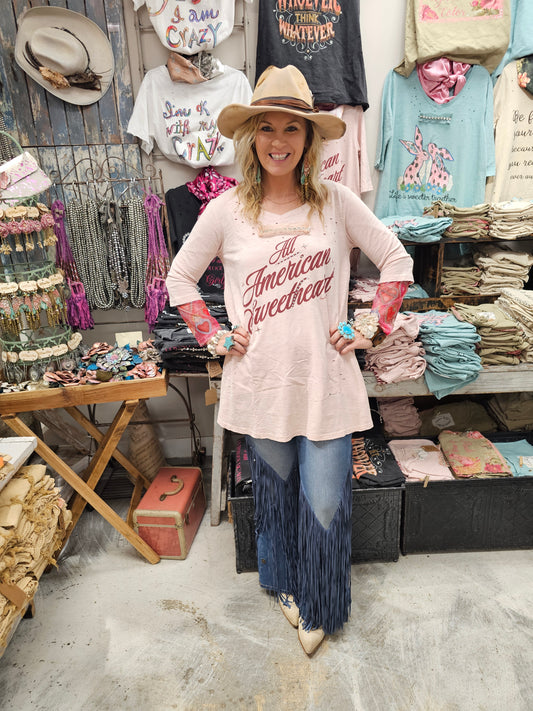 All American Sweetheart Tattered Tee 3/4 Sleeve
