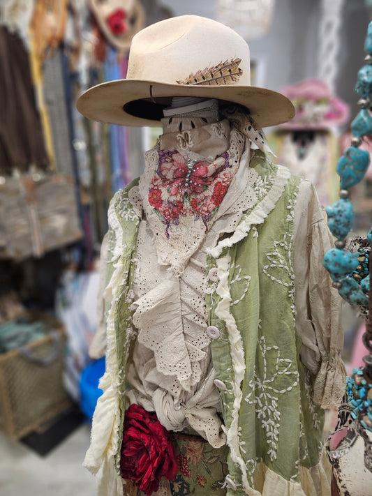 Green Embroidery Ruffle Vest