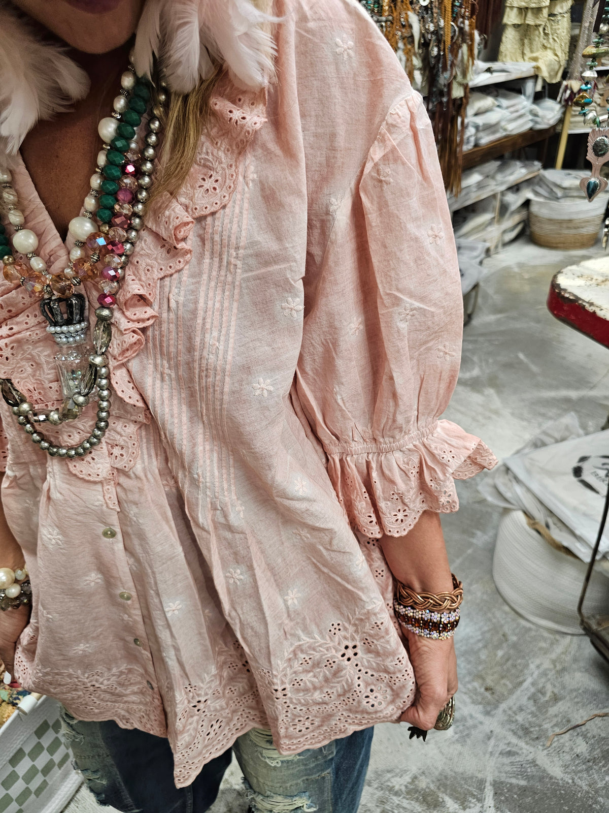 Pink Eyelet Linen Top