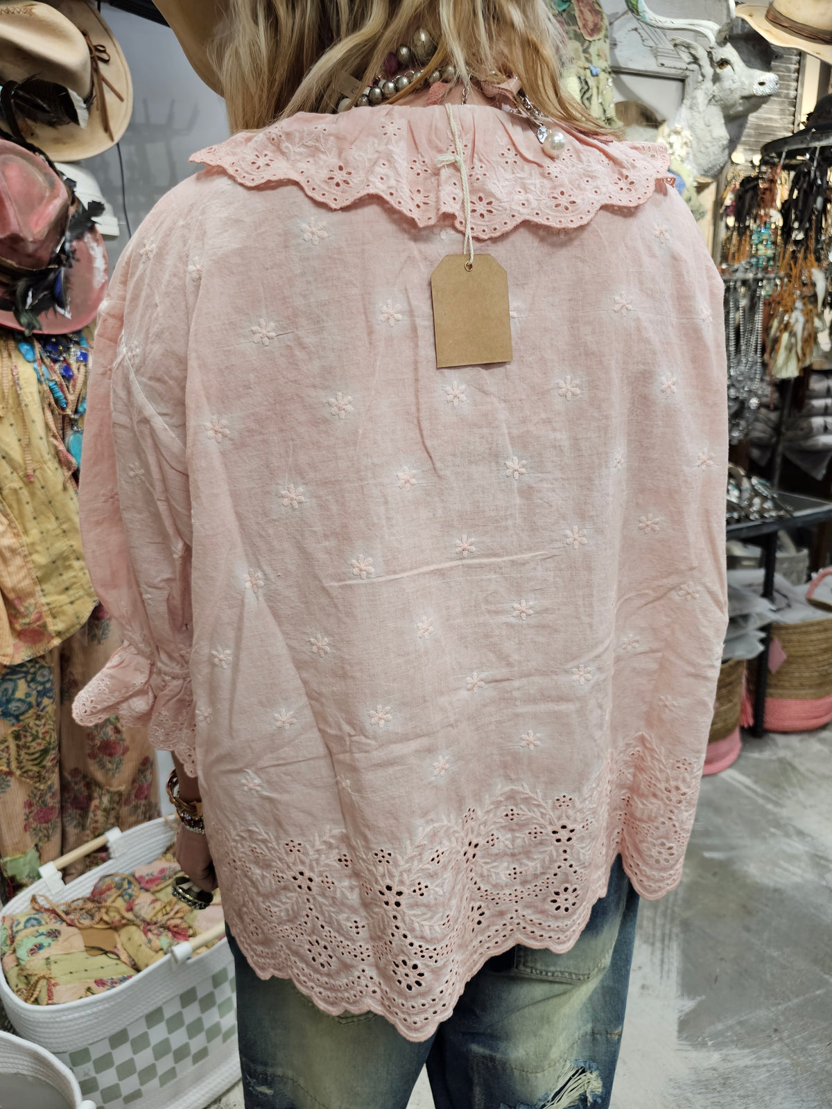 Pink Eyelet Linen Top