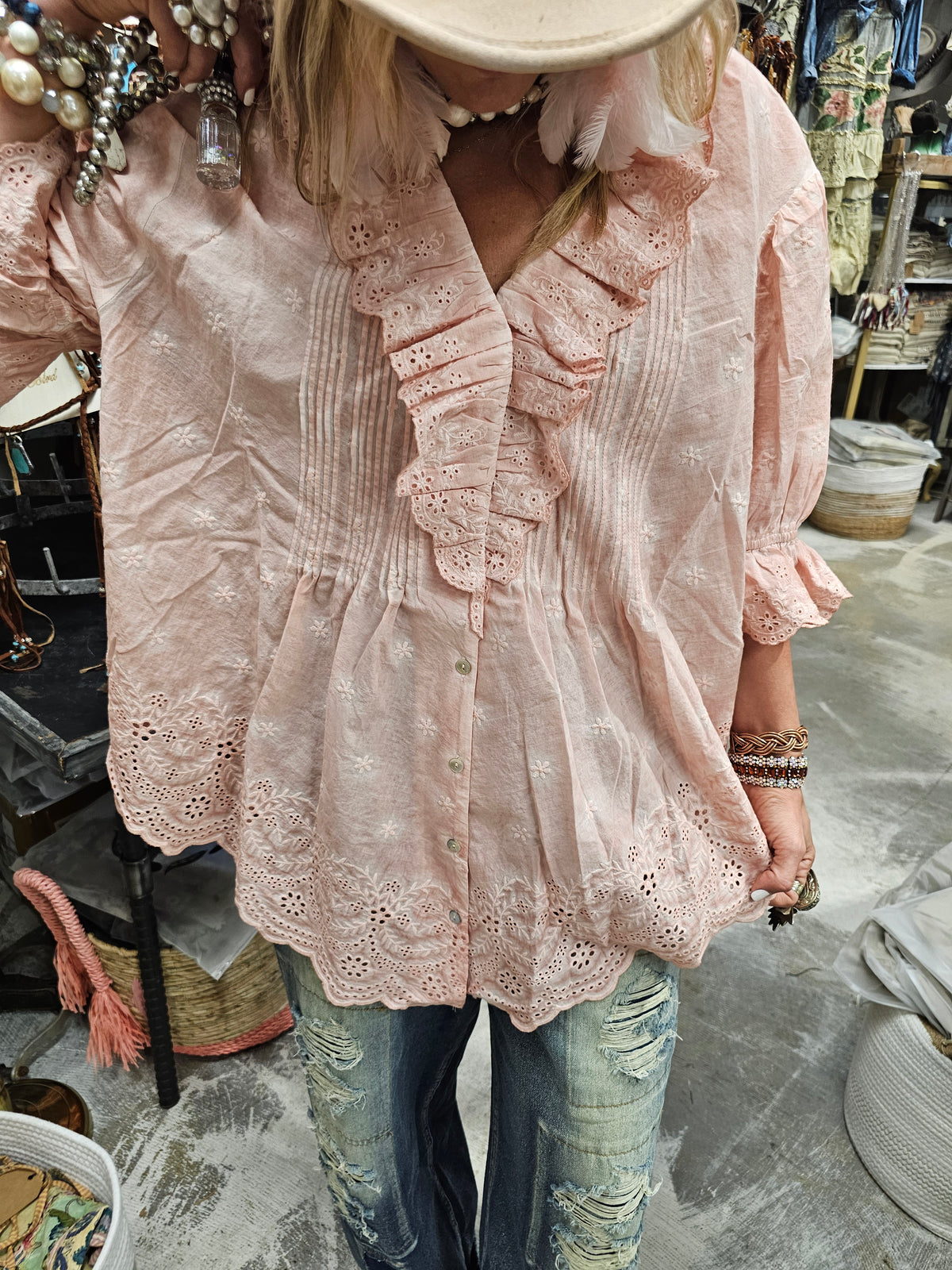 Pink Eyelet Linen Top