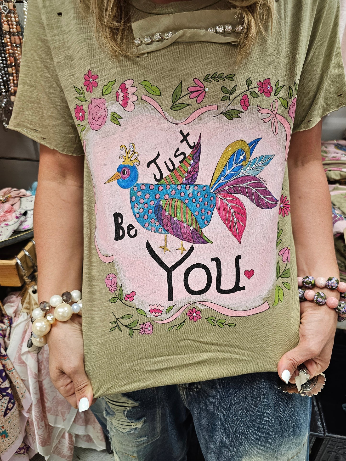 Just Be You Olive Tattered Tee
