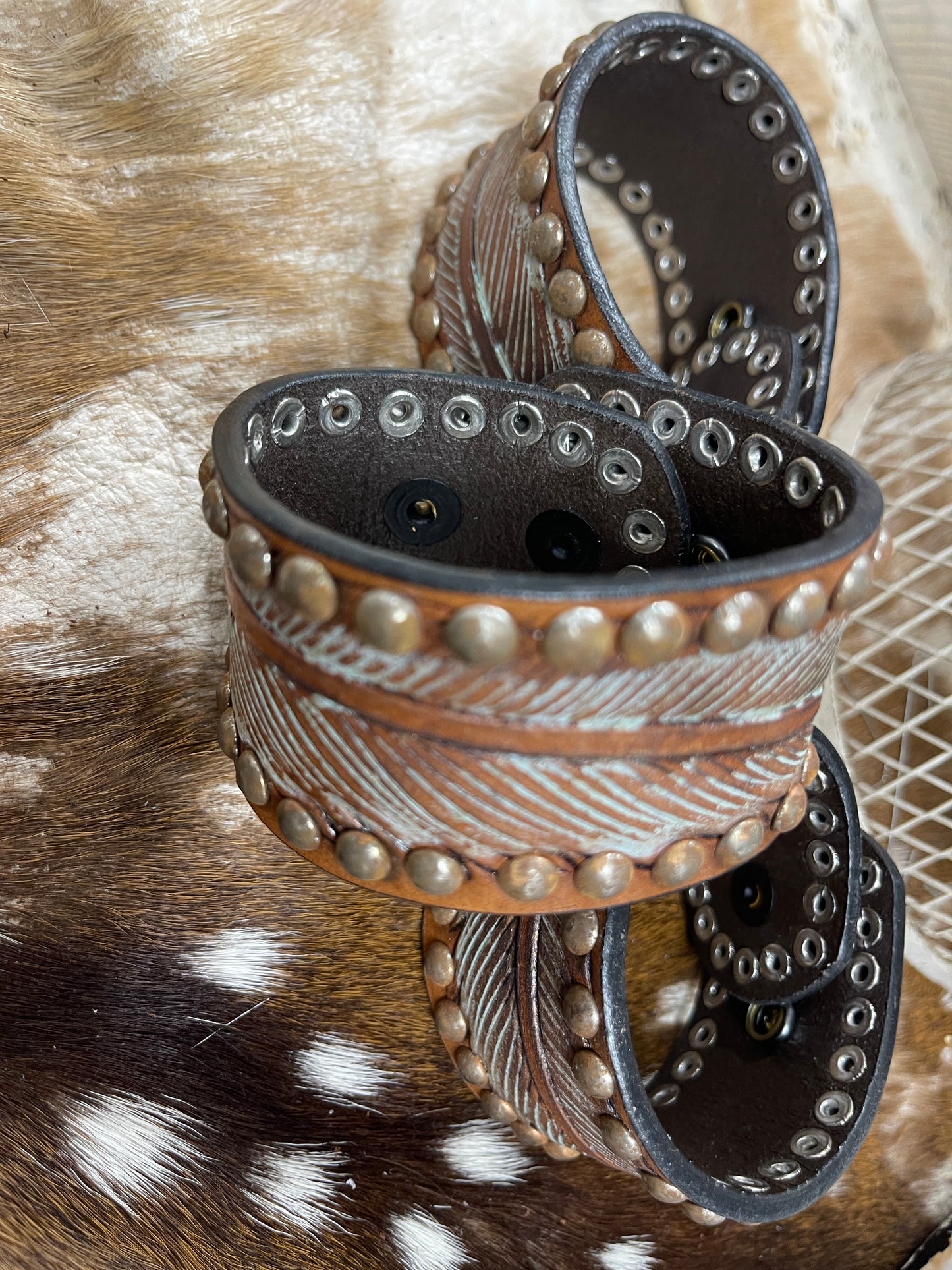 Double Snap Feather Stud Tooled Cuff
