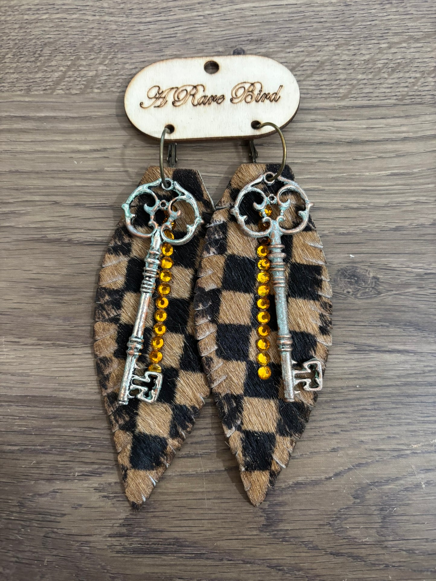 Checks and Keys Leather Feather Earrings