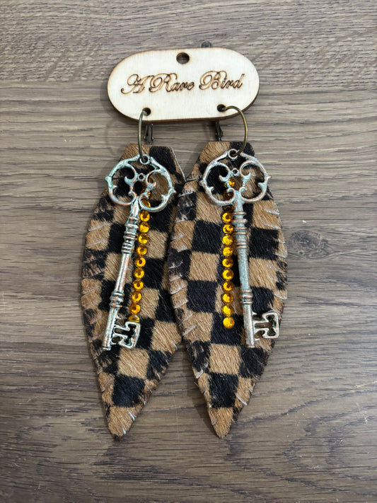 Checks and Keys Leather Feather Earrings