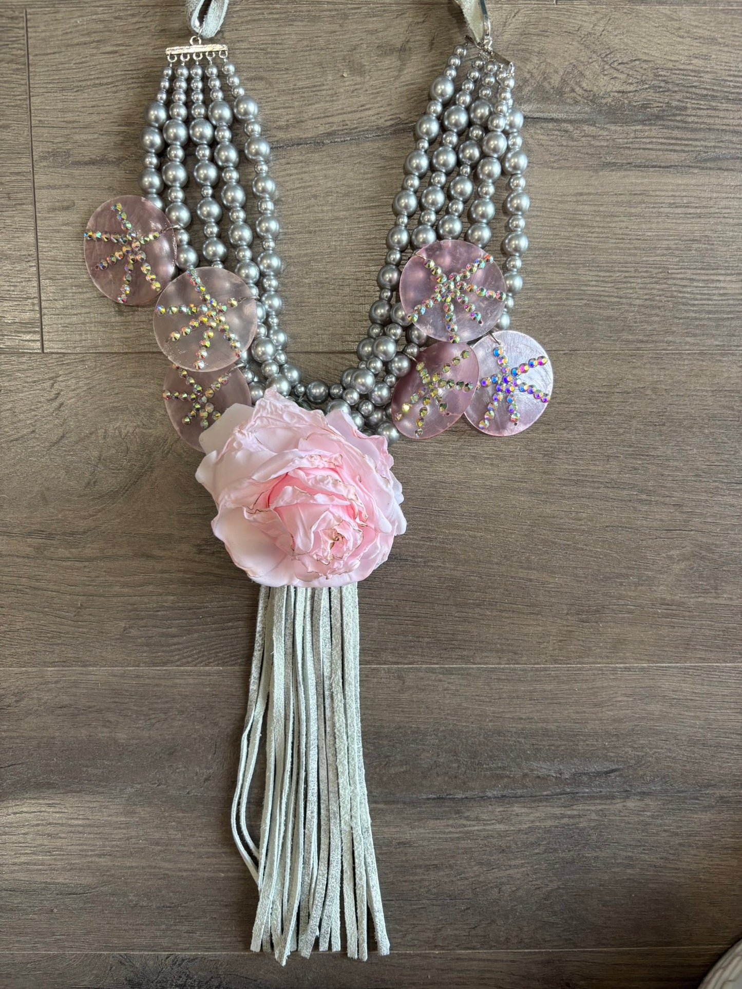5 Strand Pink Silver Rose Necklace
