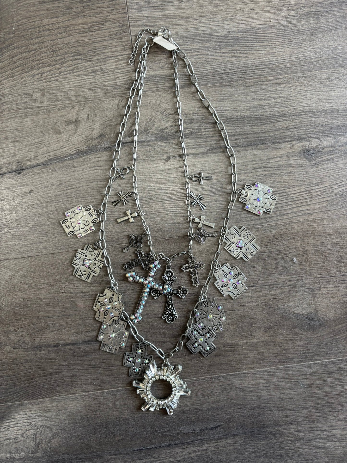 Silver Cross Layered Charm Necklace