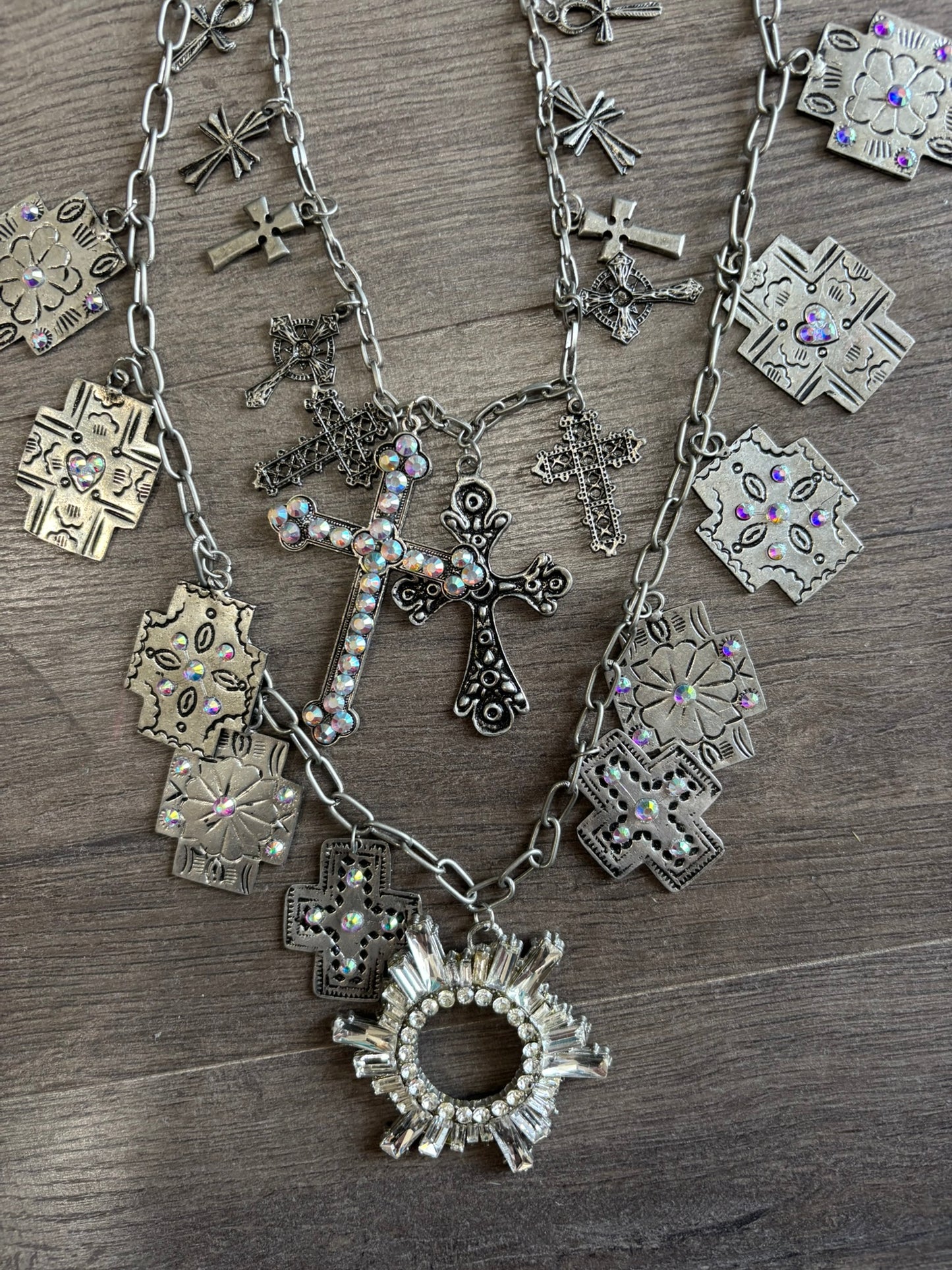 Silver Cross Layered Charm Necklace