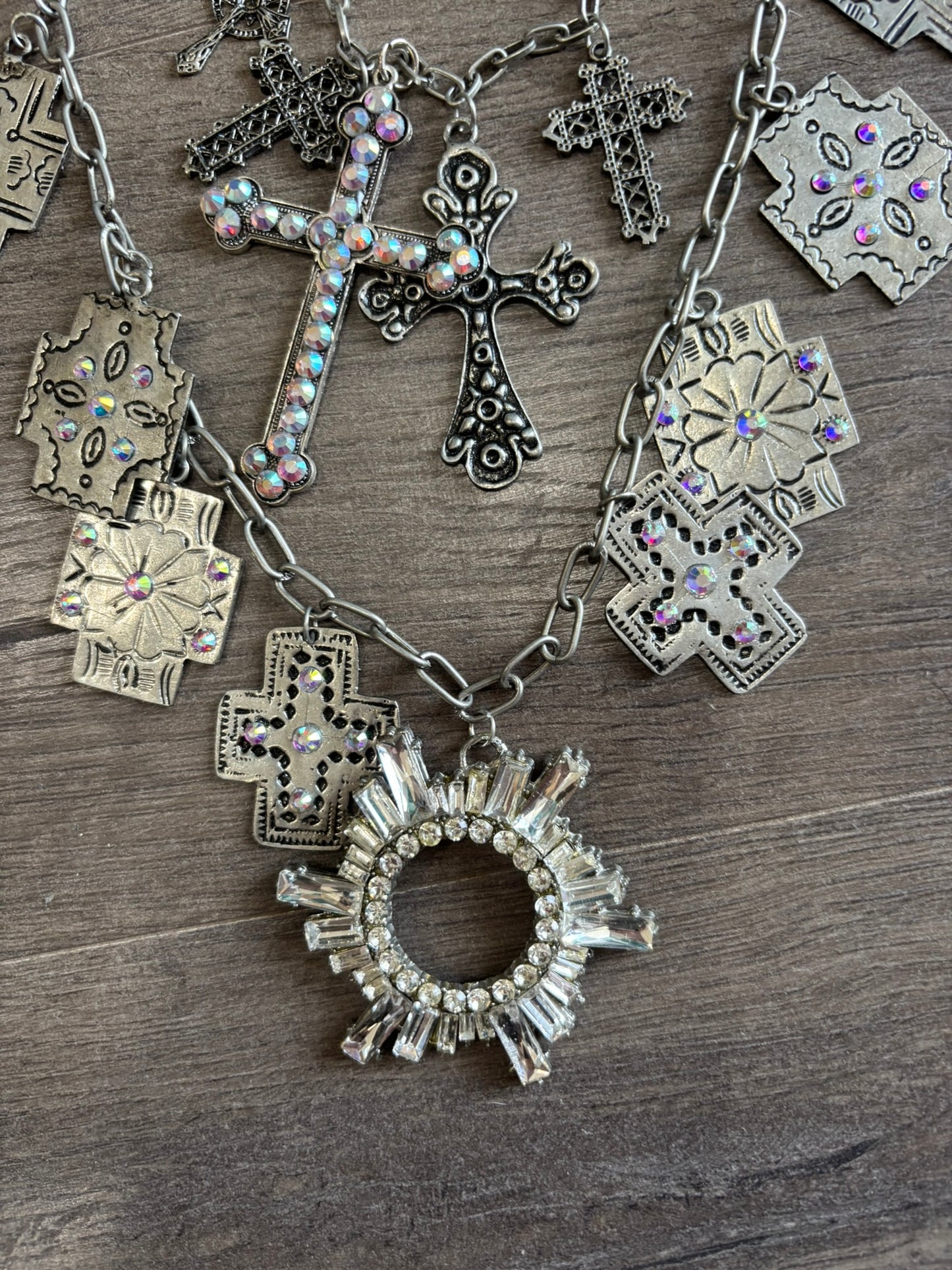 Silver Cross Layered Charm Necklace