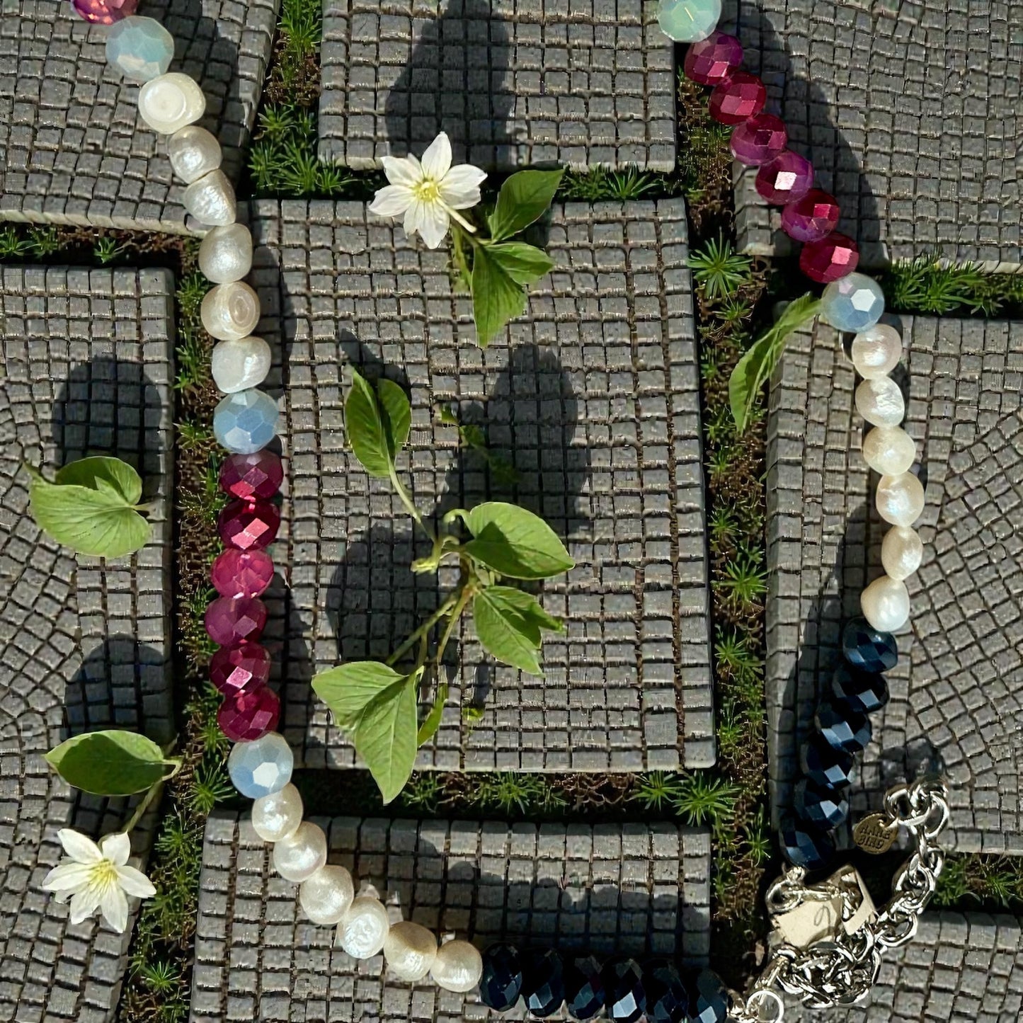 Fuchsia and Navy Crystals with Authentic Pearls