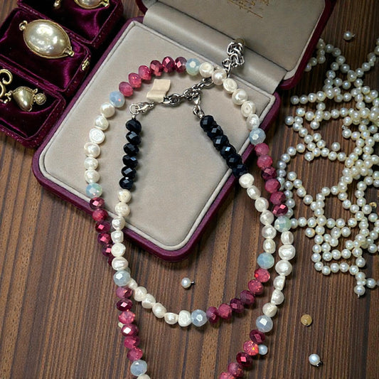 Fuchsia and Navy Crystals with Authentic Pearls