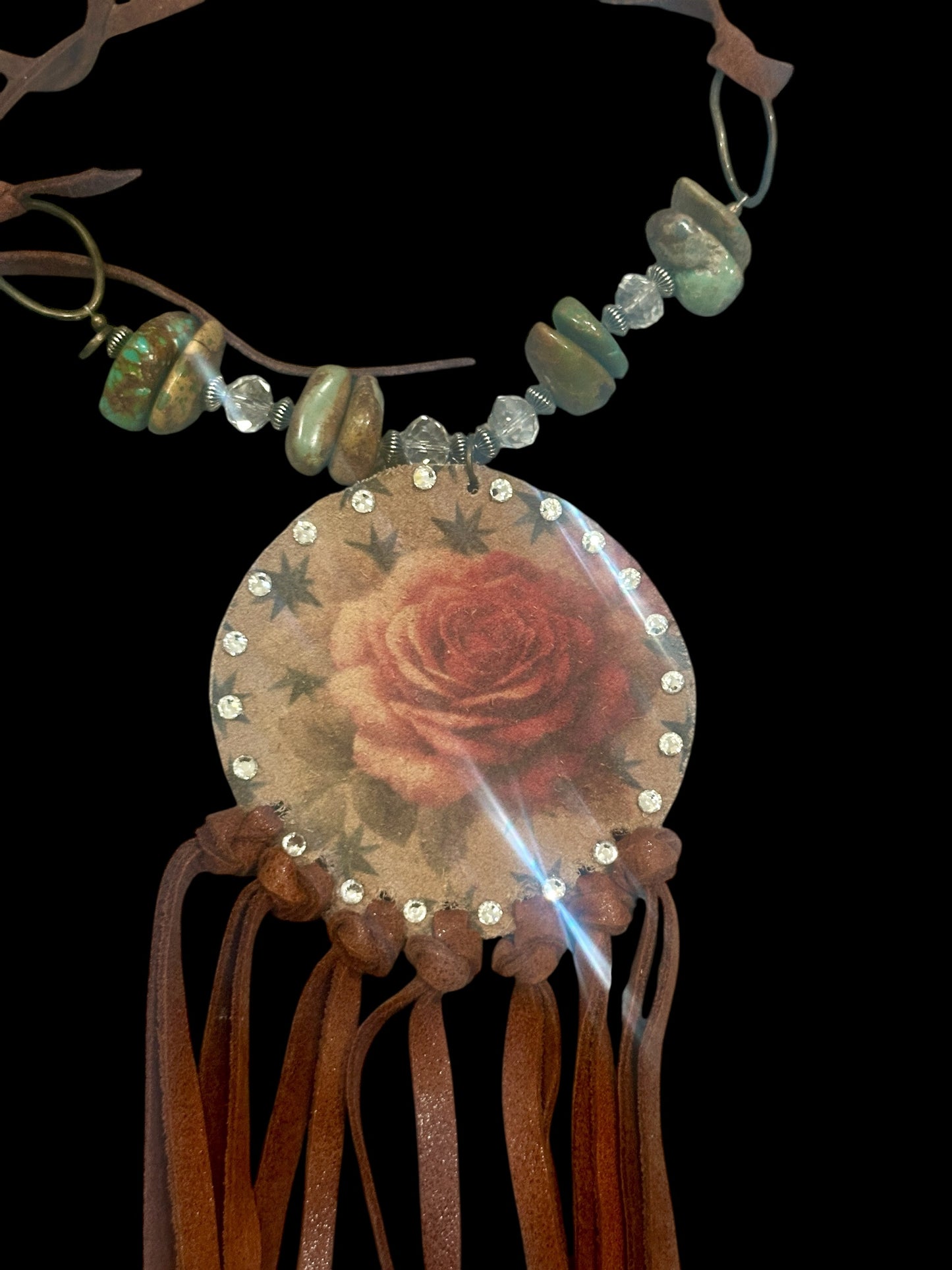 Hand made Leather Rose Fringe Necklace
