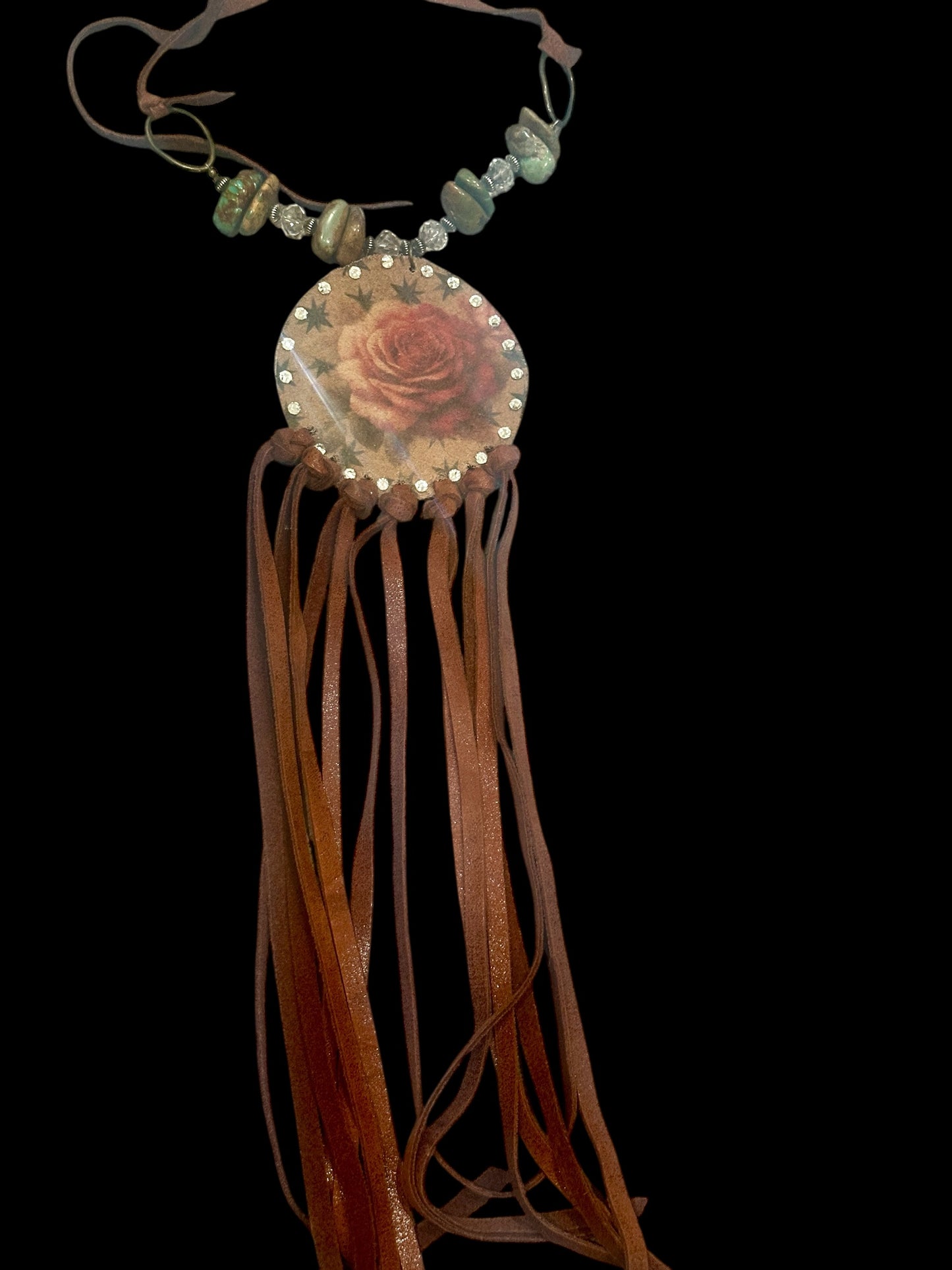 Hand made Leather Rose Fringe Necklace