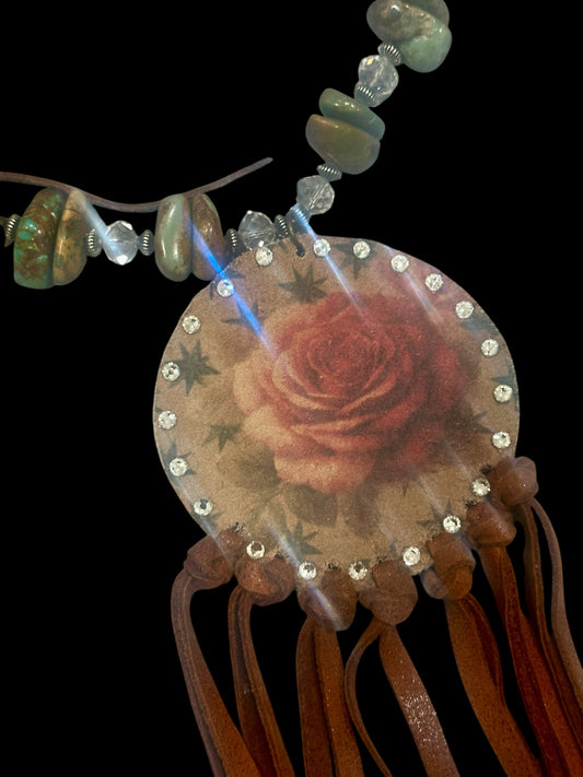 Hand made Leather Rose Fringe Necklace