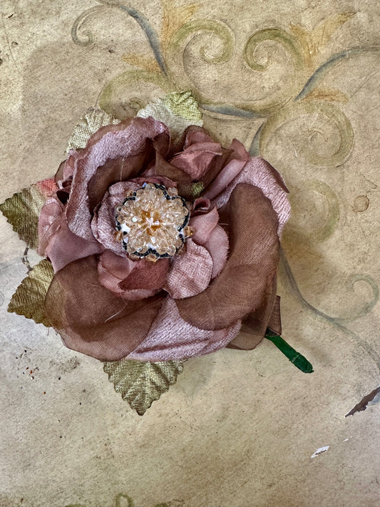 Vintage Silk Amber Cabbage Rose Pin