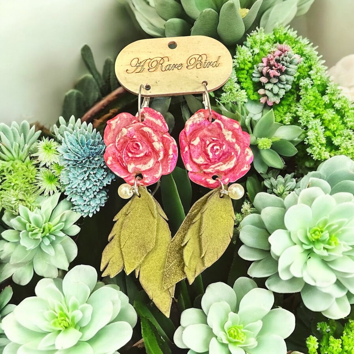 Hand Carved Rose Leaf Earrings