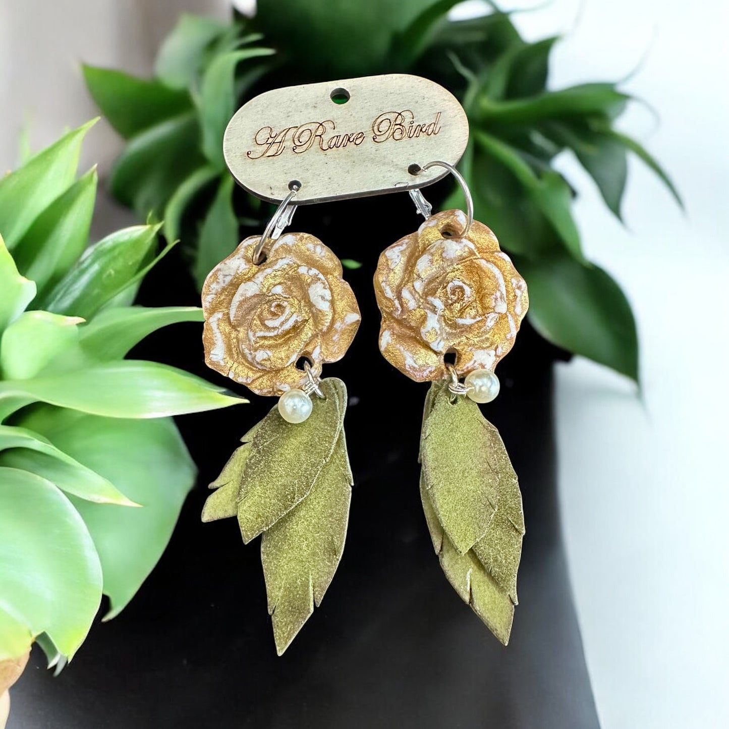 Hand Carved Rose Leaf Earrings