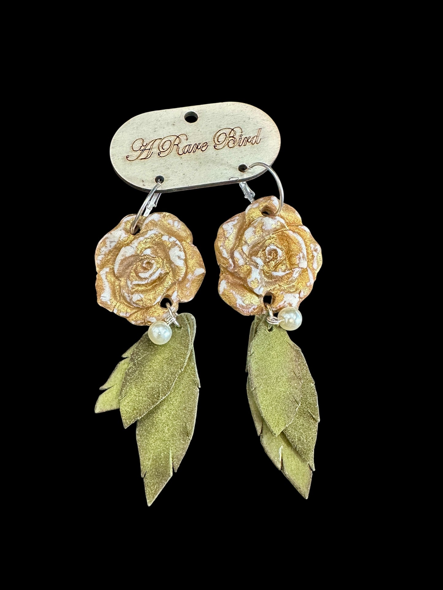 Hand Carved Rose Leaf Earrings