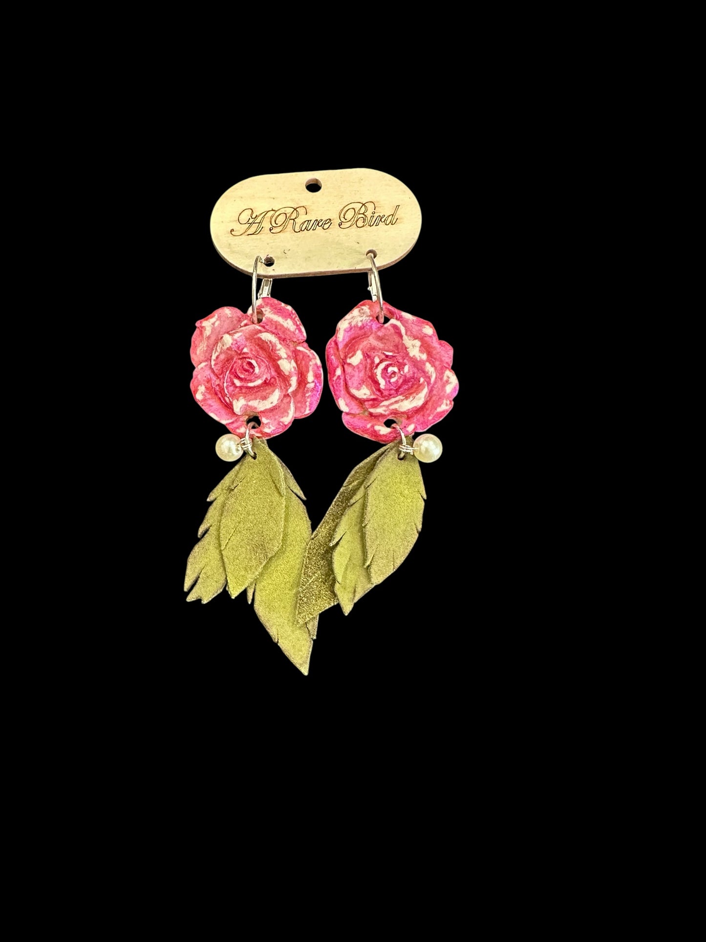 Hand Carved Rose Leaf Earrings