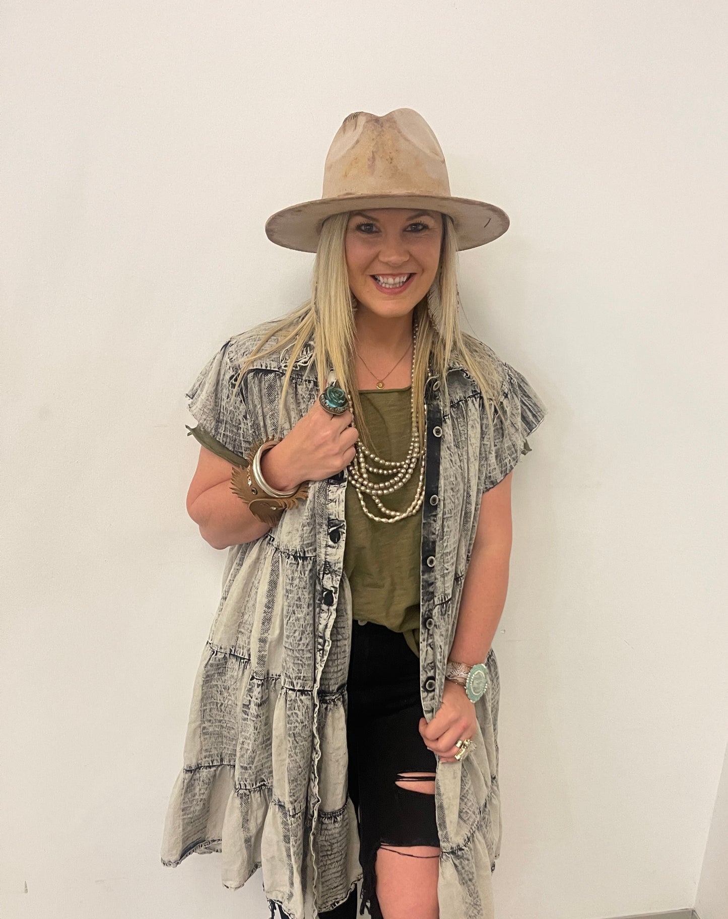 Pollyanna Distressed Olive Duster Dress