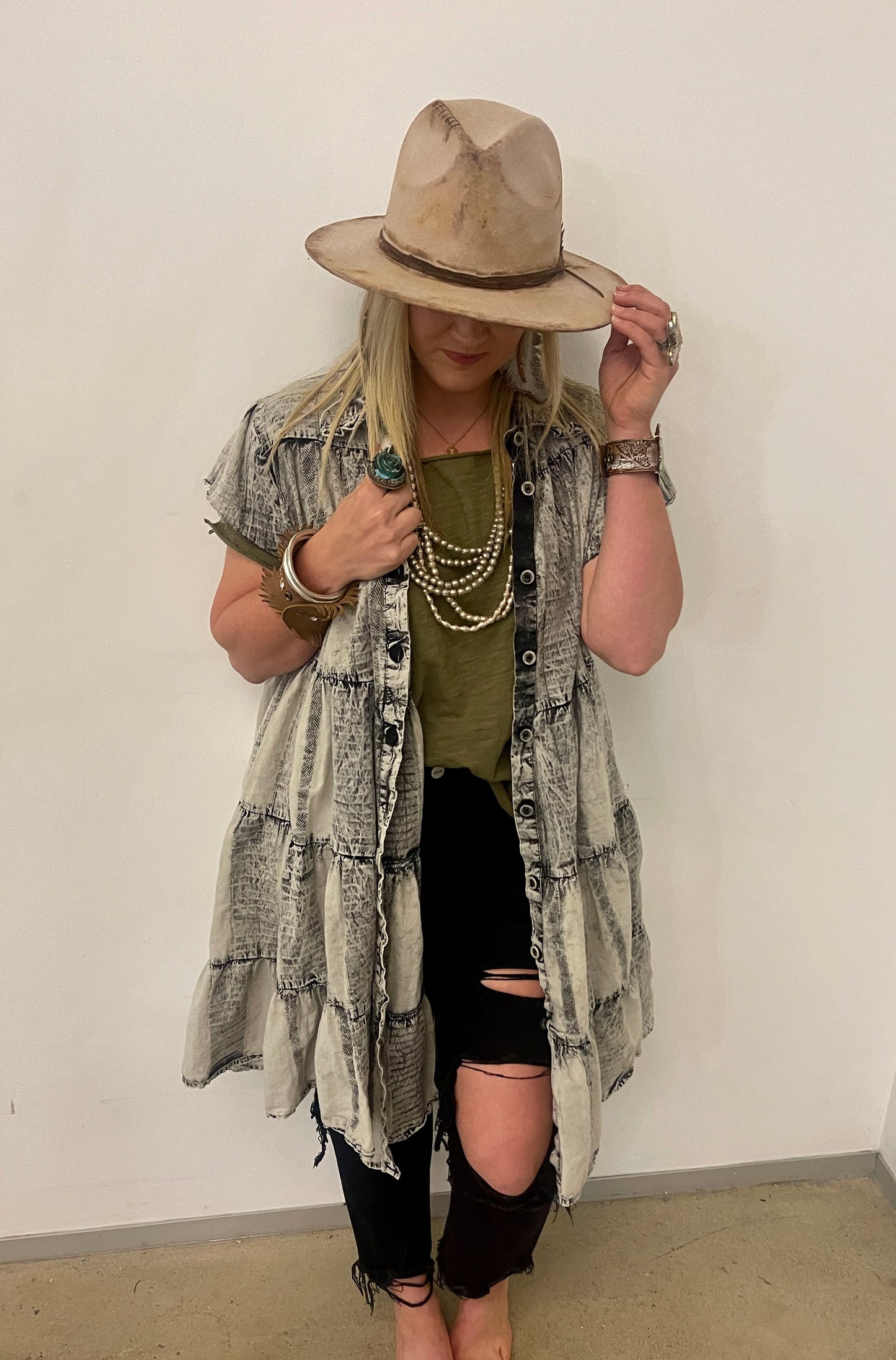 Pollyanna Distressed Olive Duster Dress