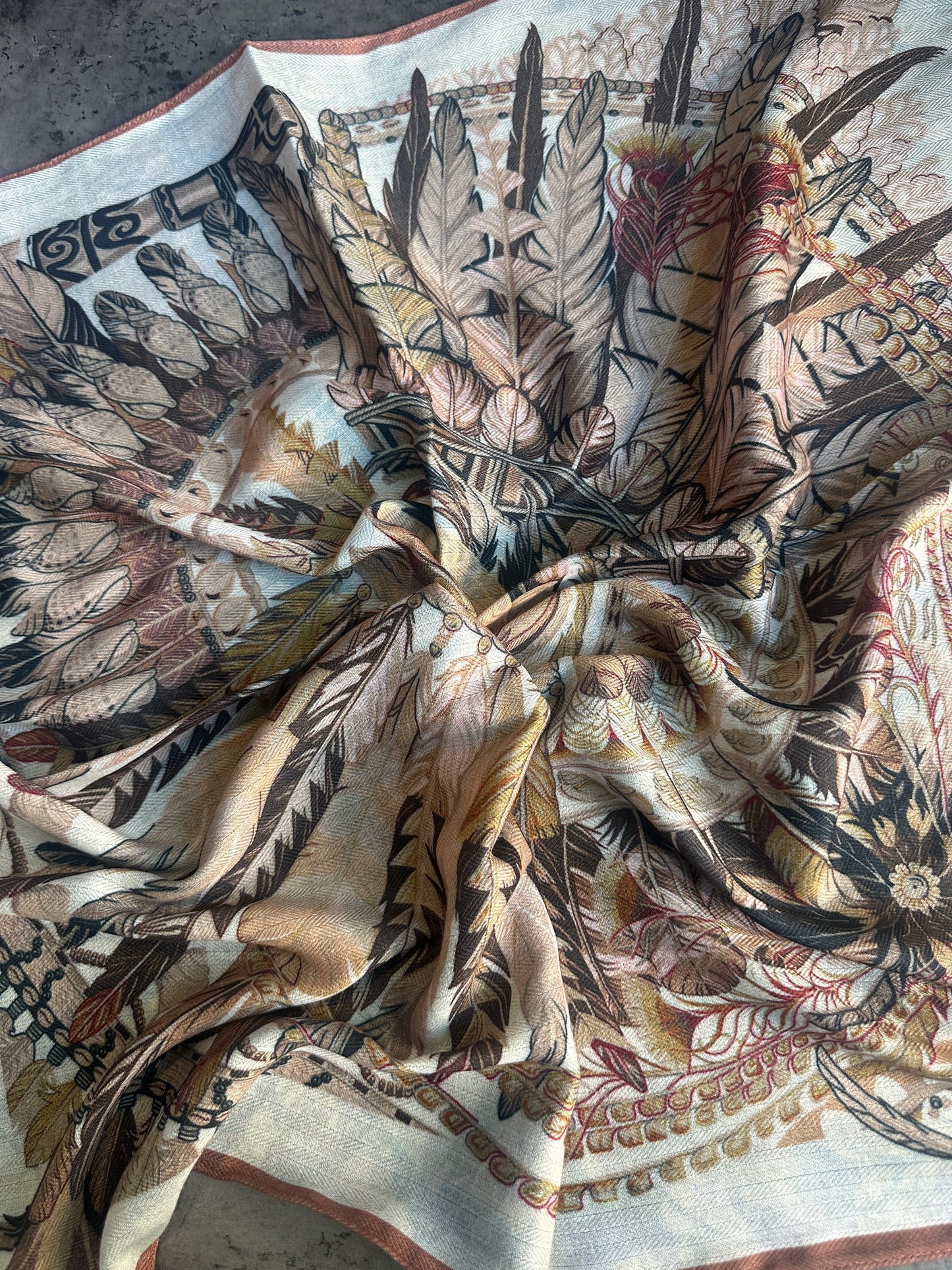 Brown Aztec Feather Circle Silk Velvet Wild Rag
