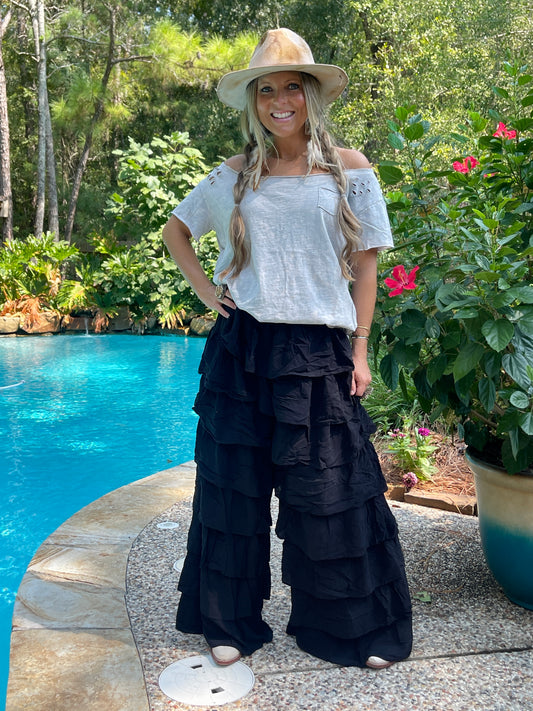 Black Cotton Ruffle Pant