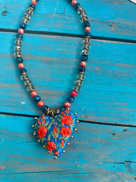 Hand Stitched Turquoise Heart Pendant